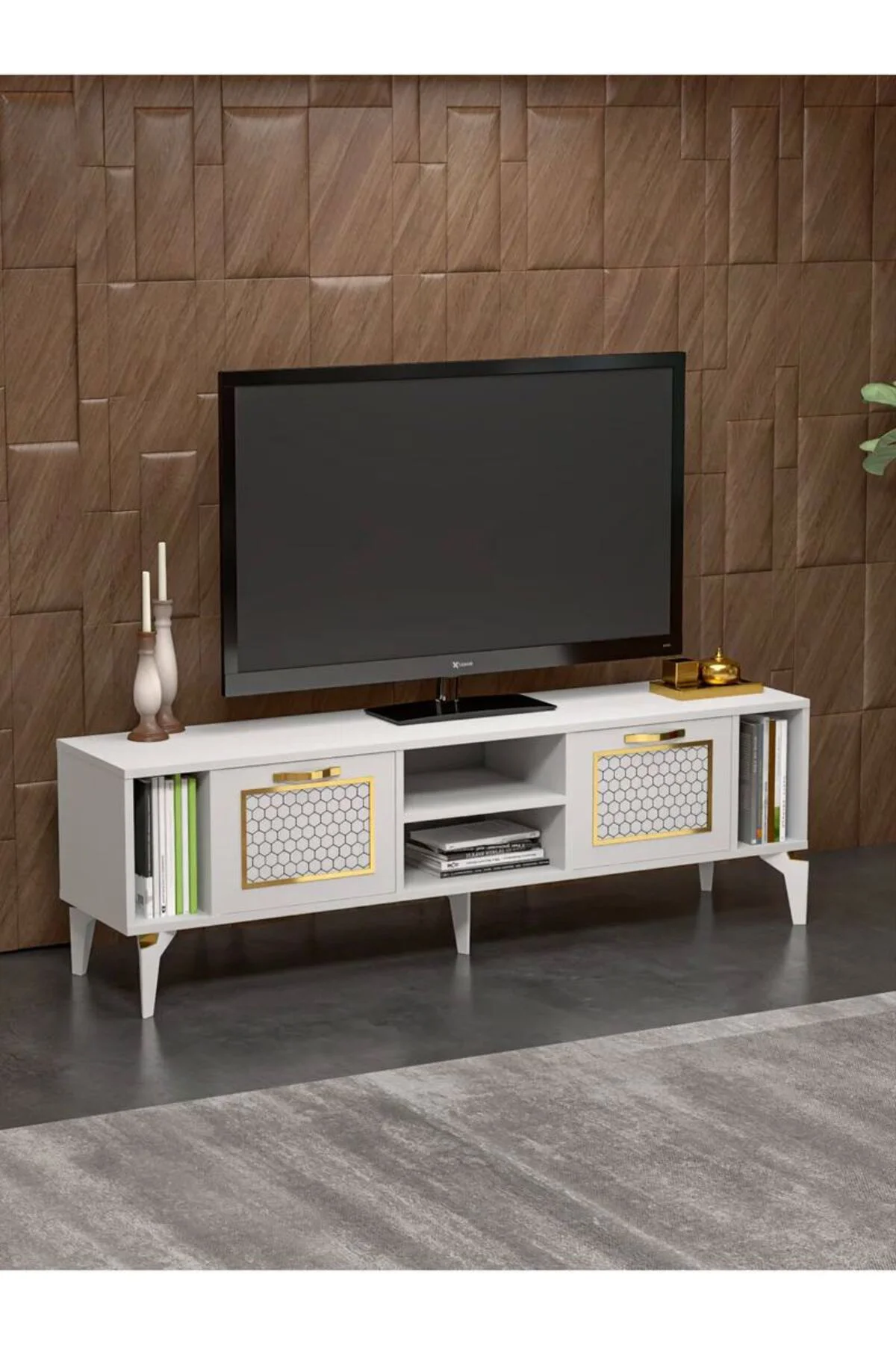 Tv Sehpası Tv Ünitesi Beyaz Gold 160 Cm Linya 5042