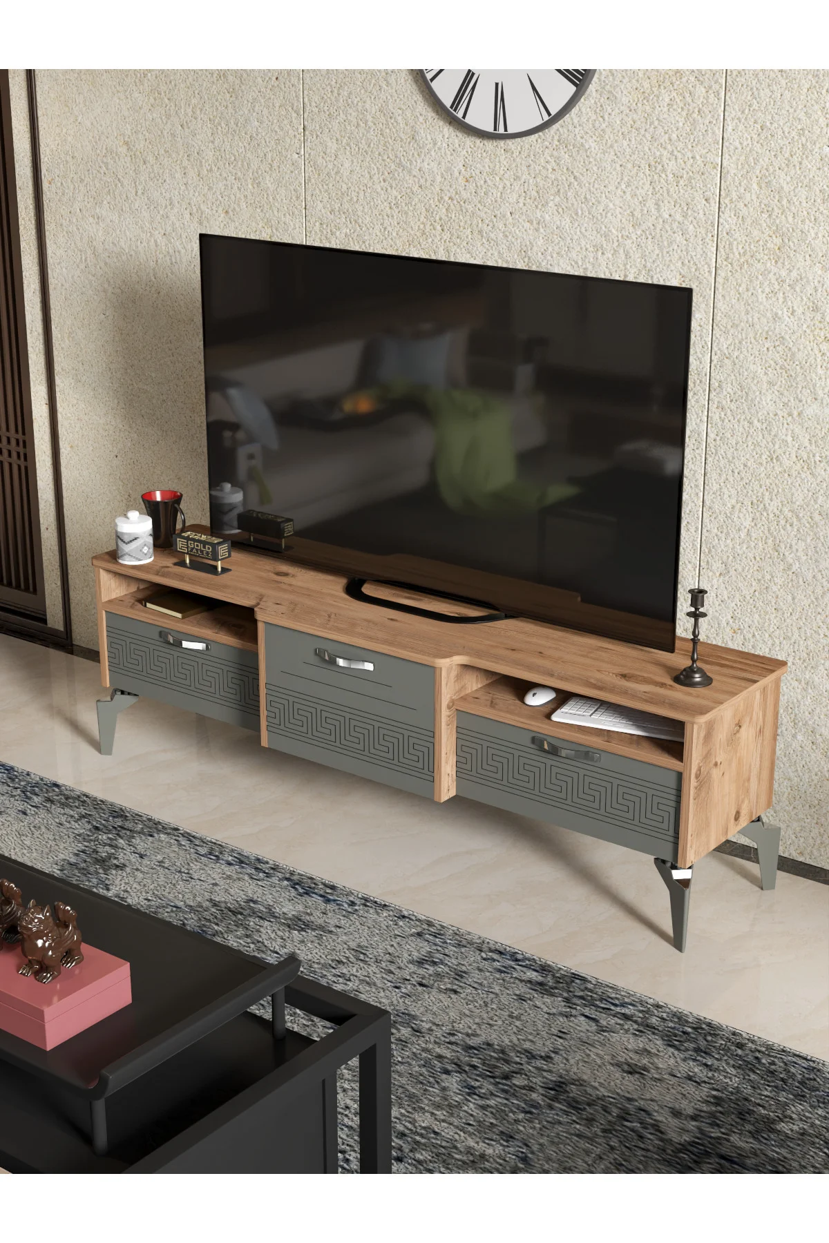 Tv Sehpası Tv Ünitesi Saraylı Beyaz Gold 5062