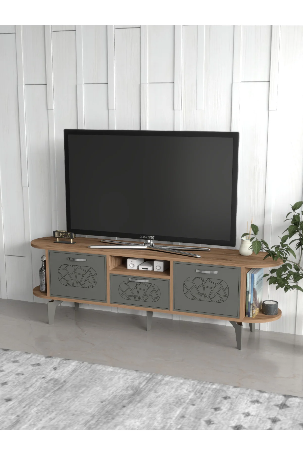 Tv Sehpası Tv Ünitesi Kapaklı Raflı Setro Traverten