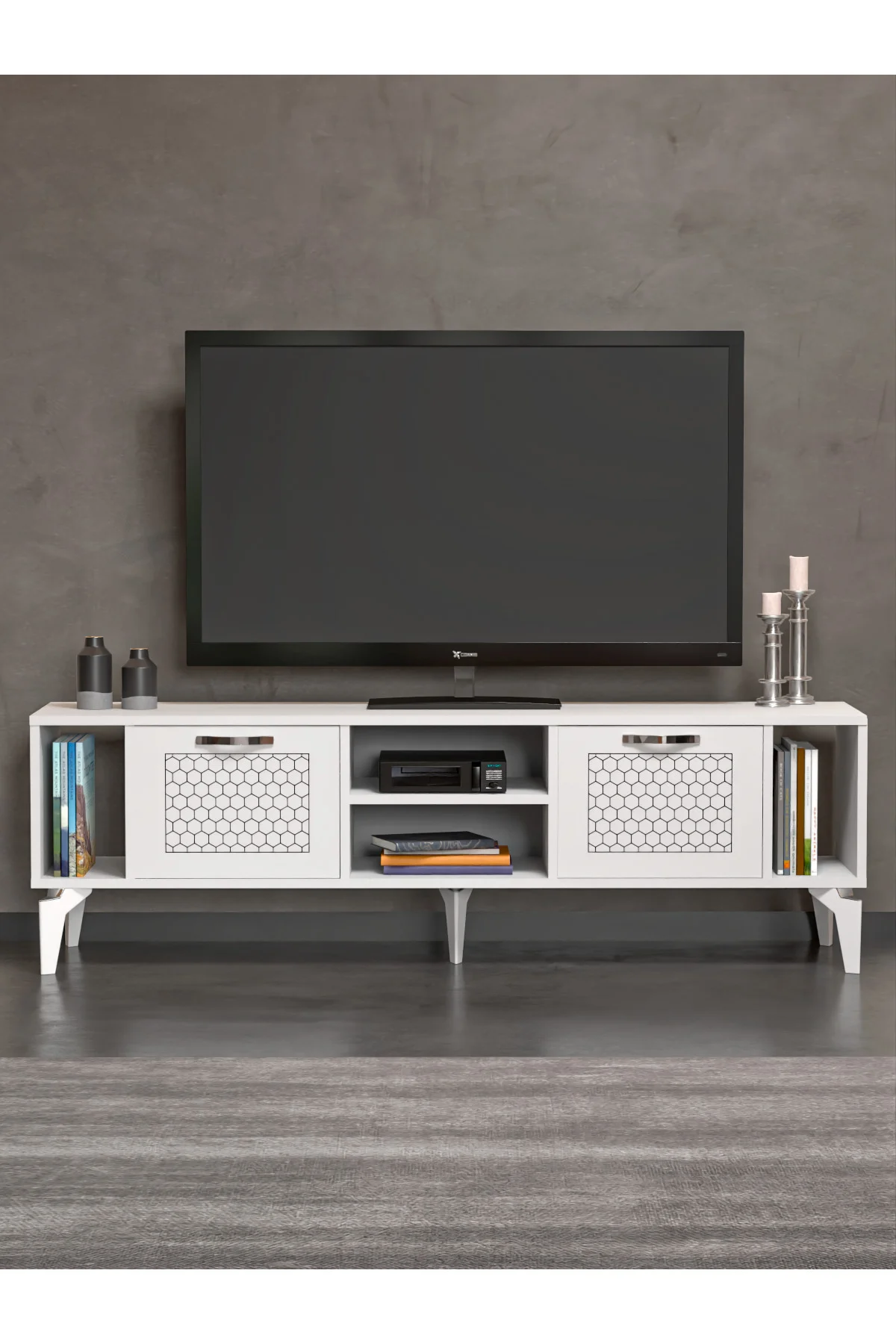 Tv Sehpası Tv Ünitesi Beyaz Gümüş 160 Cm Linya 5043