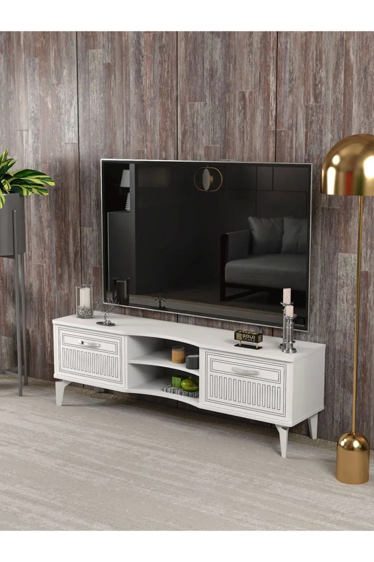 Tv Sehpası Tv Ünitesi Vera Beyaz Çizgili 5053