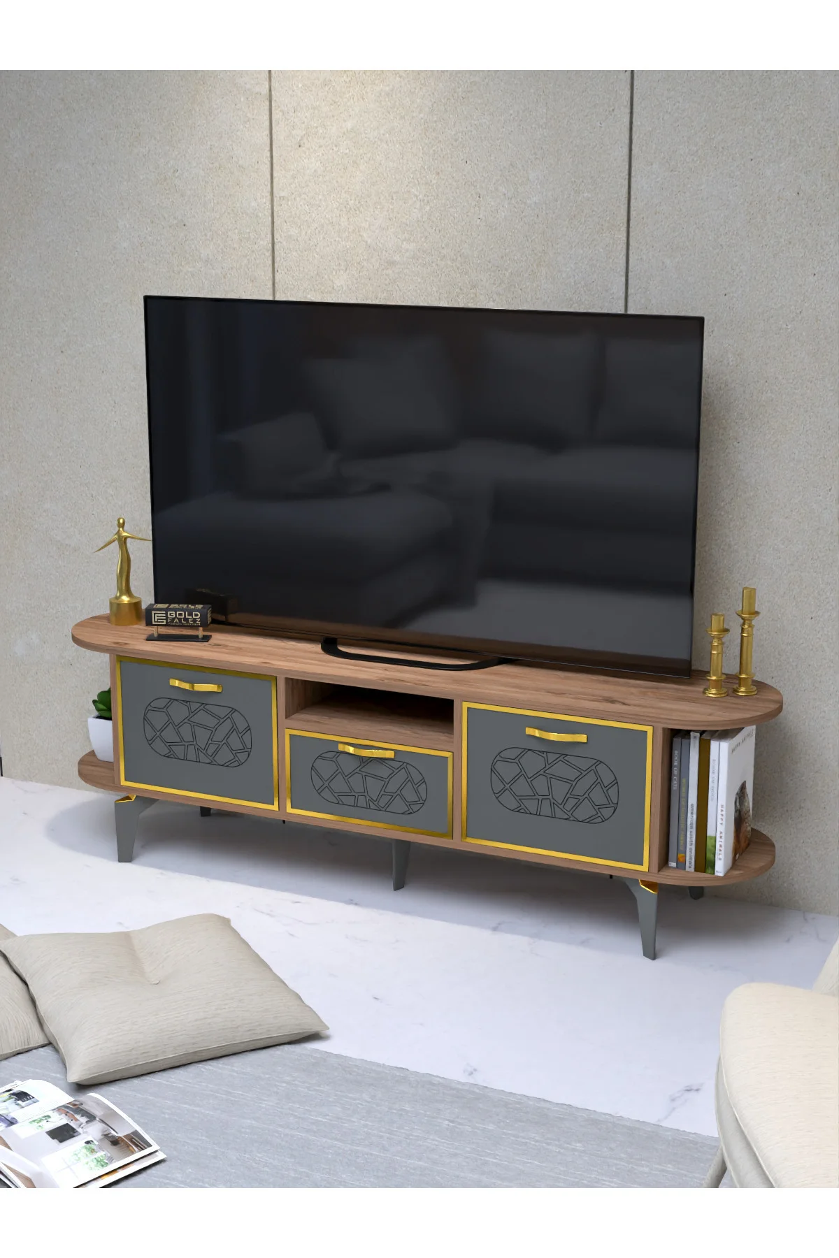Tv Sehpası Tv Ünitesi Kapaklı Raflı Setro Beyaz