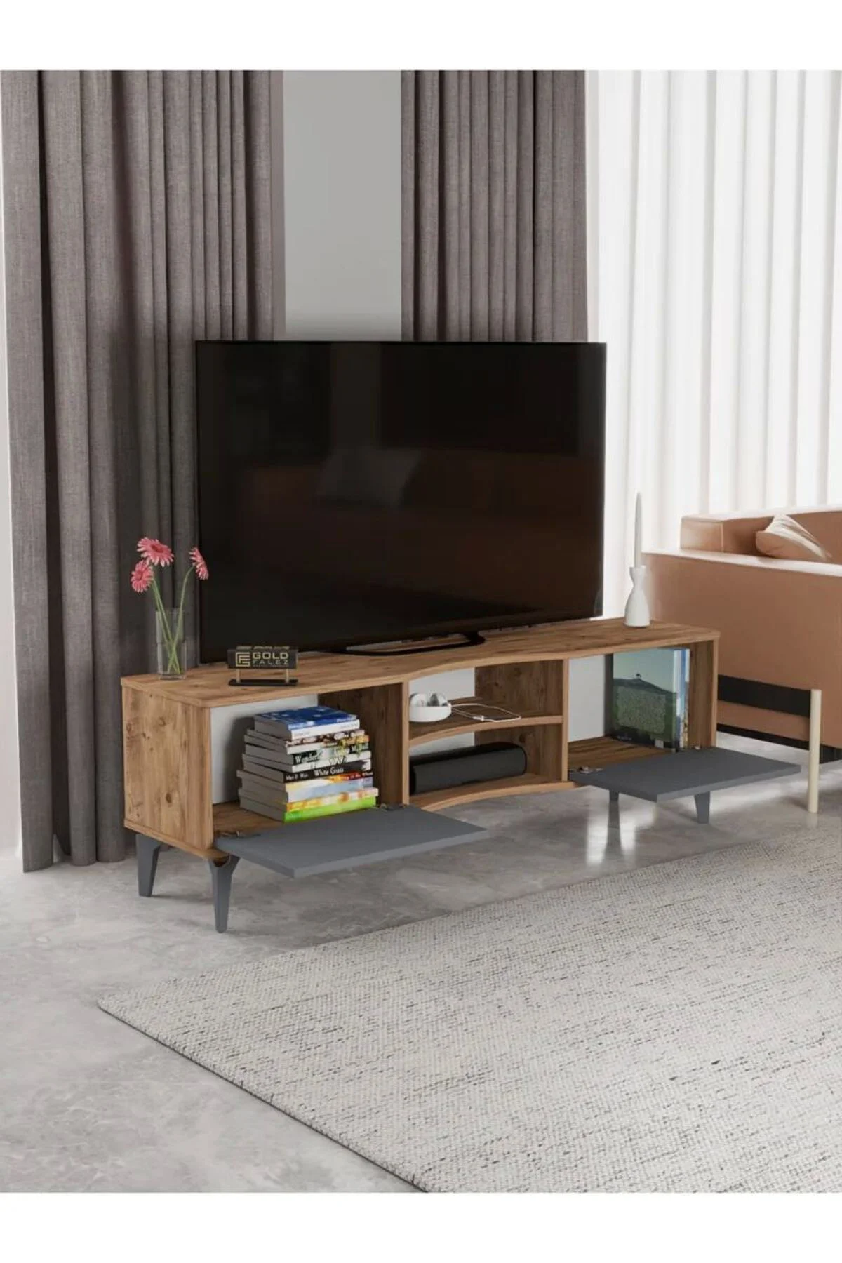 Tv Sehpası Tv Ünitesi Vera Atlantik Çam Antrasit Çizgili 5051