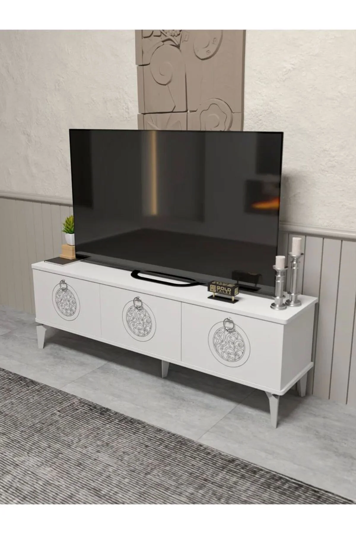 Tv Sehpası Tv Ünitesi Beyaz Gümüş 160 Cm Saraylı 5063