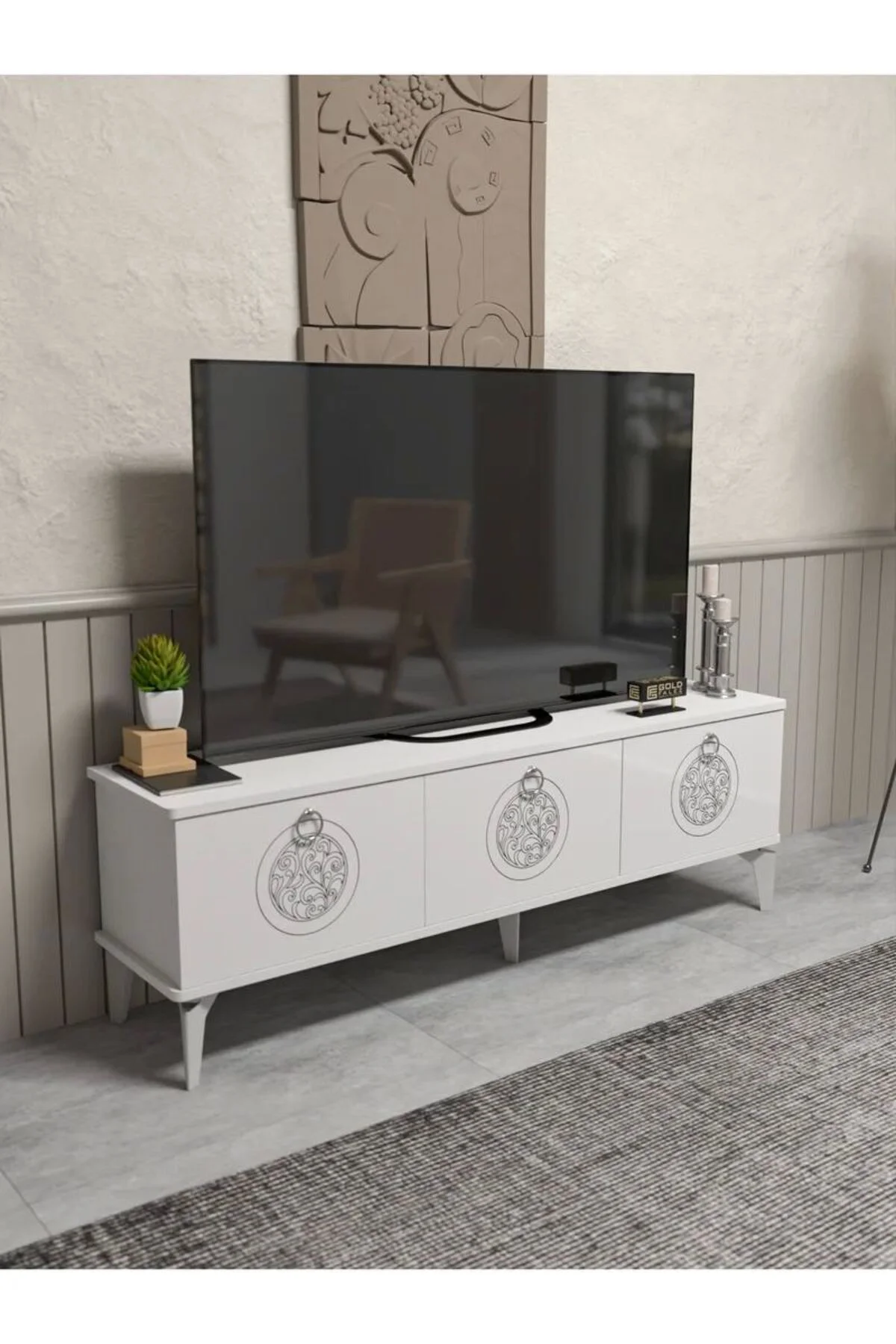 Tv Sehpası Tv Ünitesi Beyaz Gümüş 160 Cm Saraylı 5063