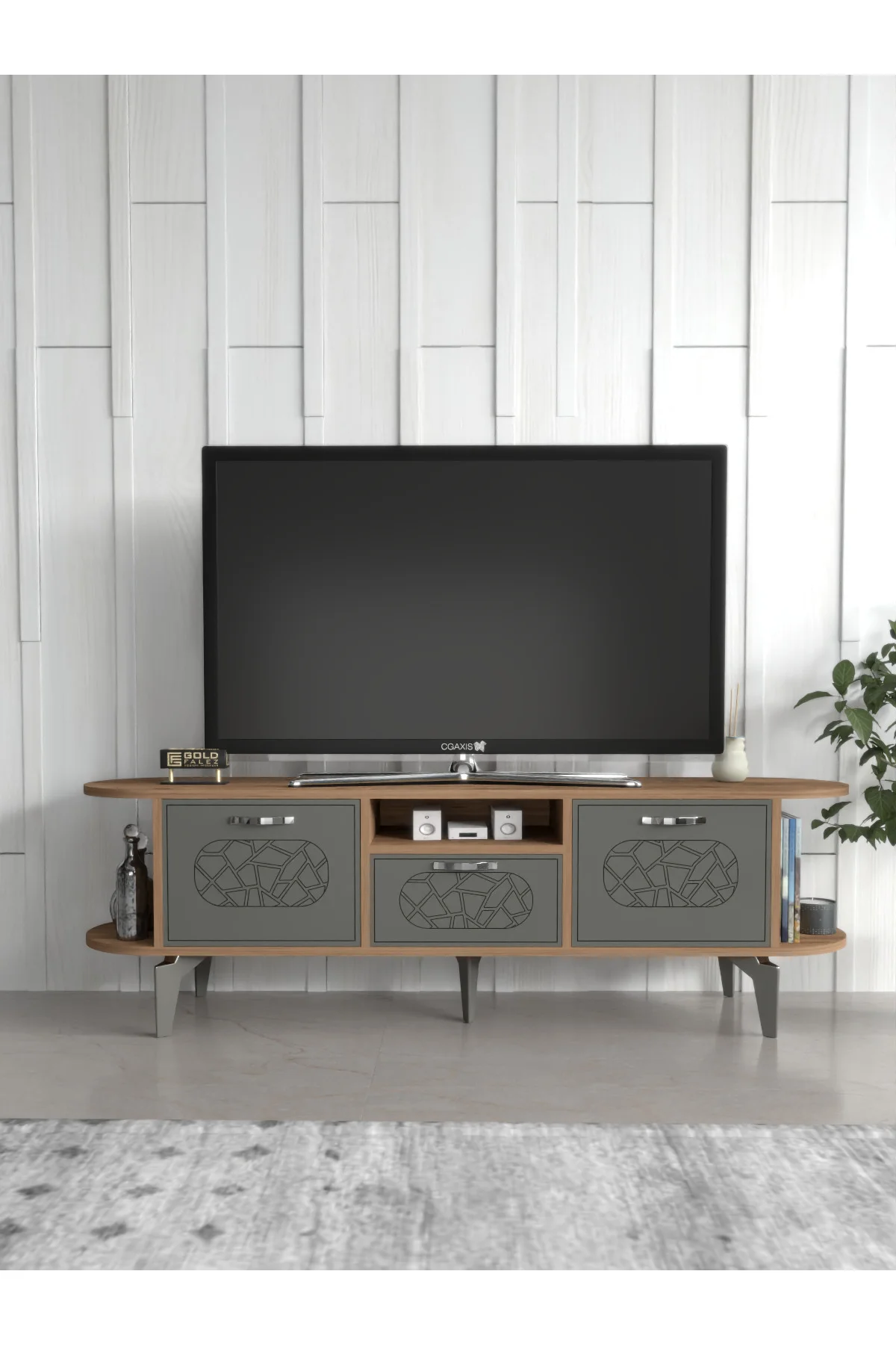 Tv Sehpası Tv Ünitesi Kapaklı Raflı Setro Traverten