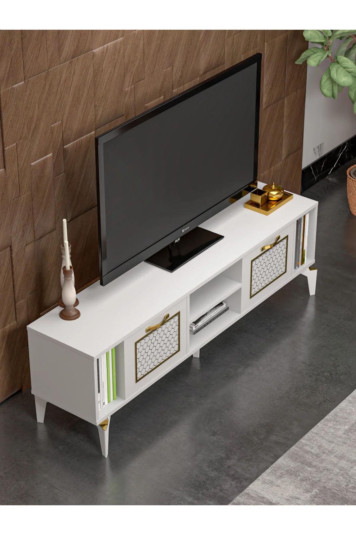 Tv Sehpası Tv Ünitesi Beyaz Gold 160 Cm Linya 5042