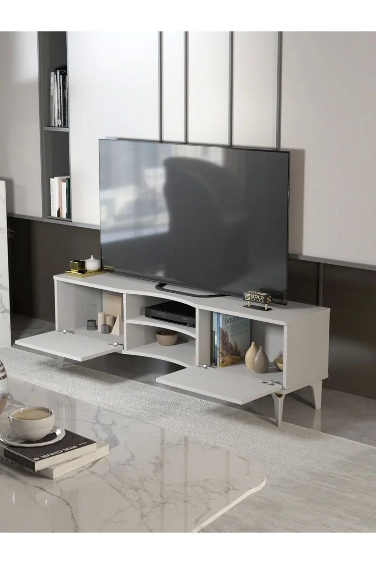 Tv Sehpası Tv Ünitesi Vera Beyaz Gold Çizgili 5052