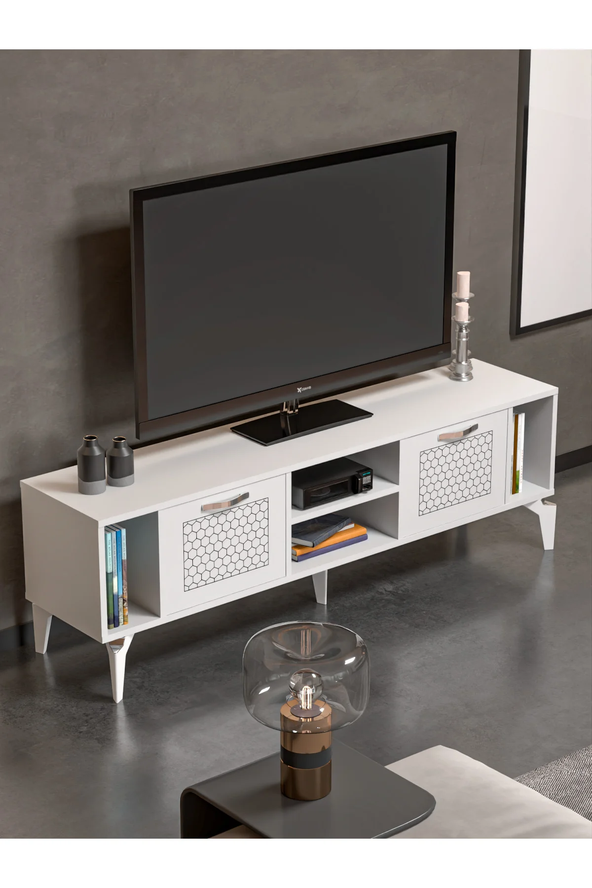 Tv Sehpası Tv Ünitesi Beyaz Gümüş 160 Cm Linya 5043