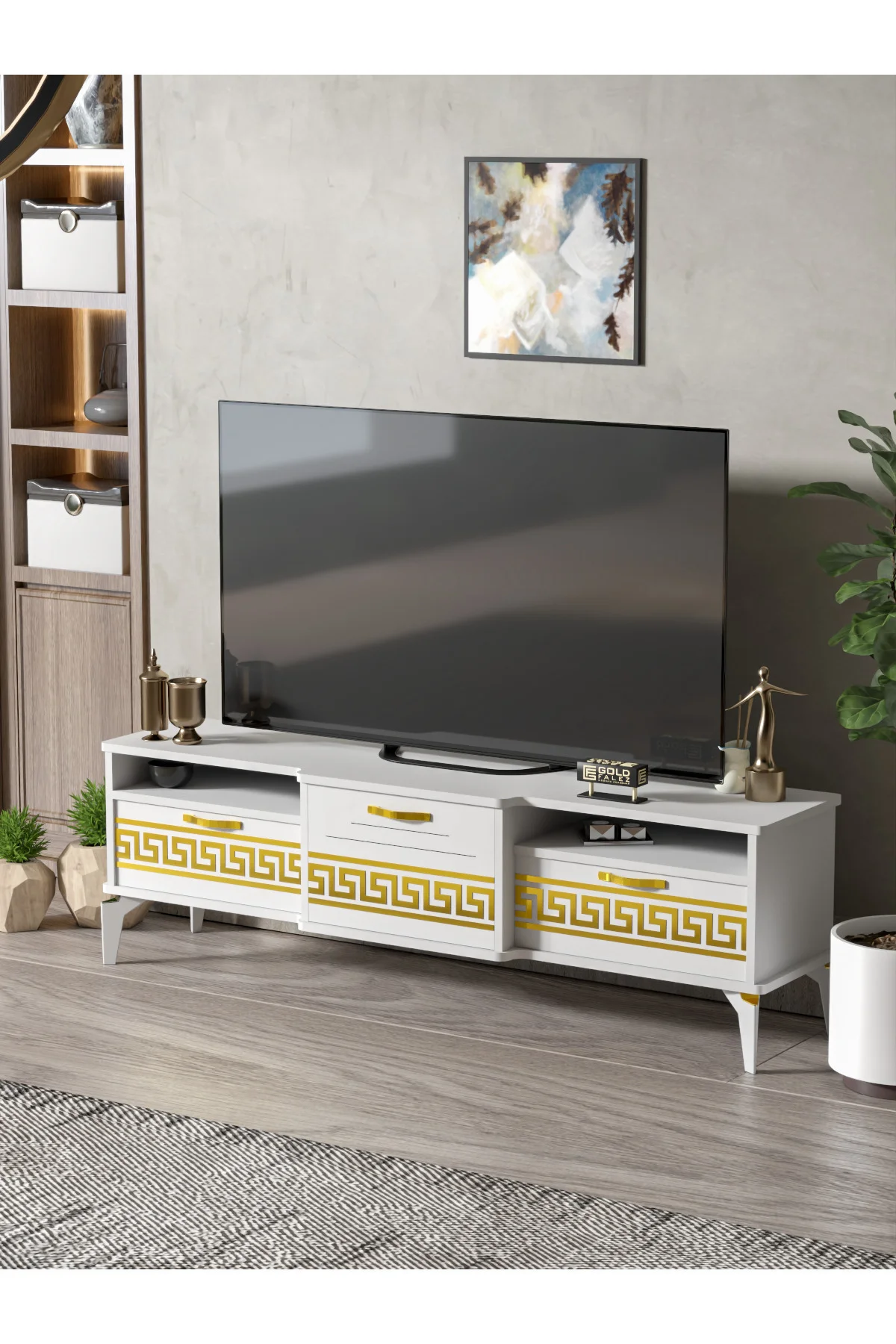 Tv Sehpası Tv Ünitesi Vera Atlantik Çam Antrasit Gold Çizgili 505