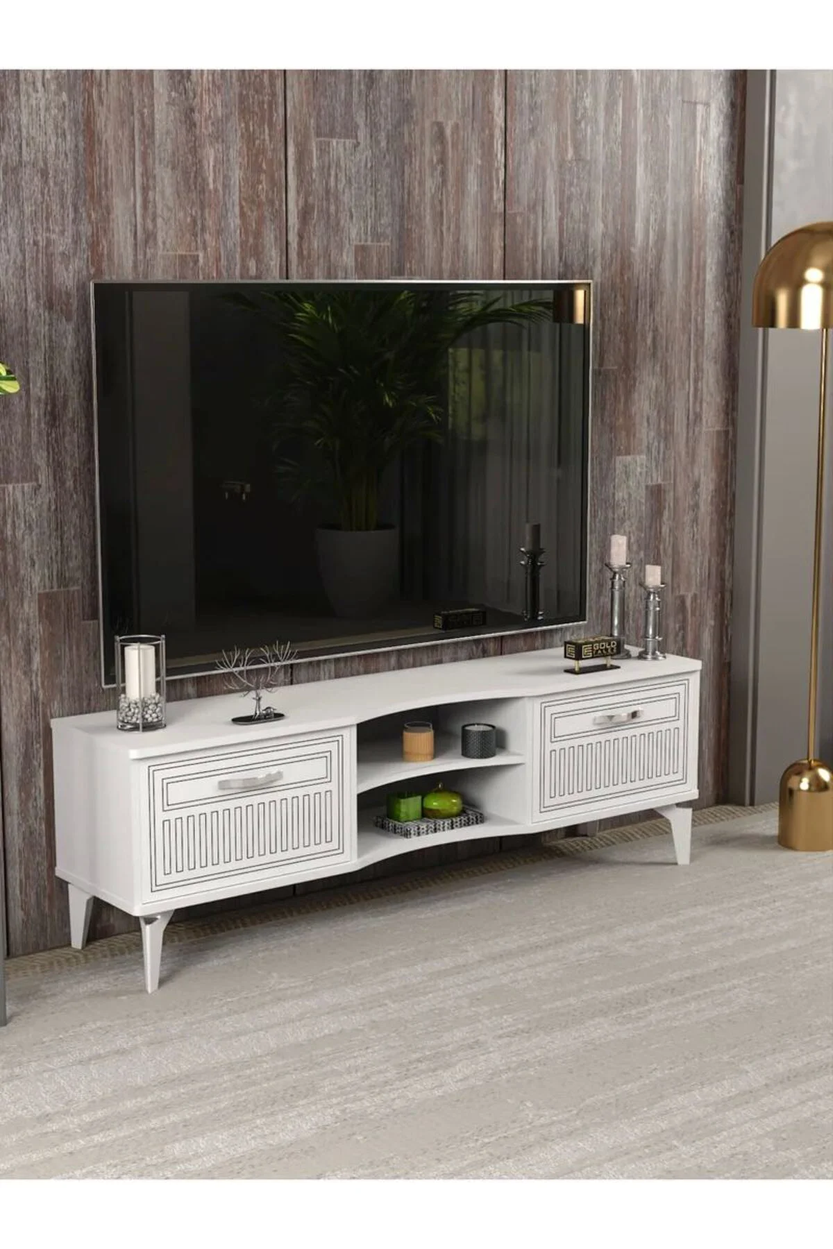 Tv Sehpası Tv Ünitesi Vera Beyaz Çizgili 5053