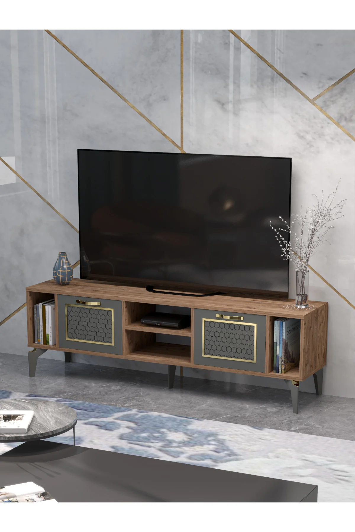 Tv Sehpası Tv Ünitesi Vera Beyaz Gold Çizgili 5052