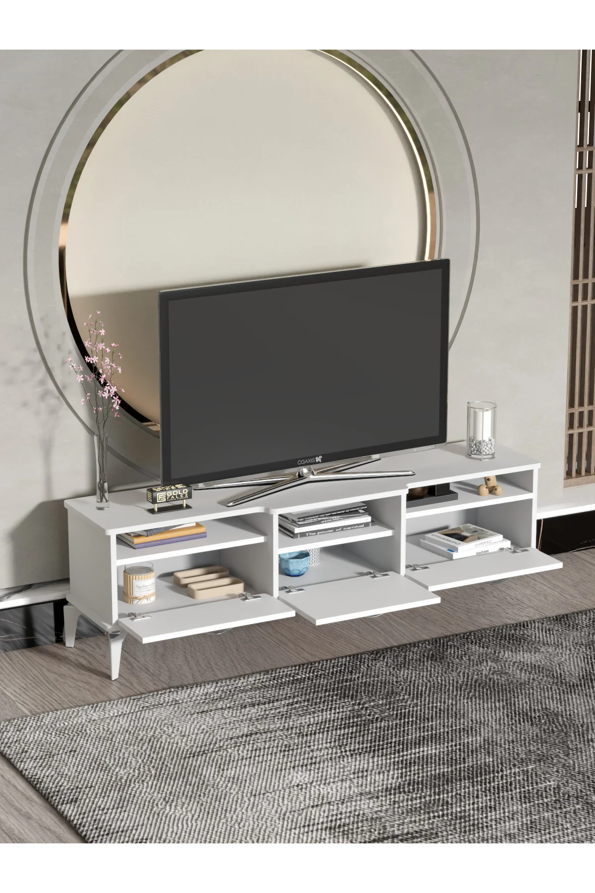 Tv Sehpası Tv Ünitesi Vera Beyaz Çizgili 5053