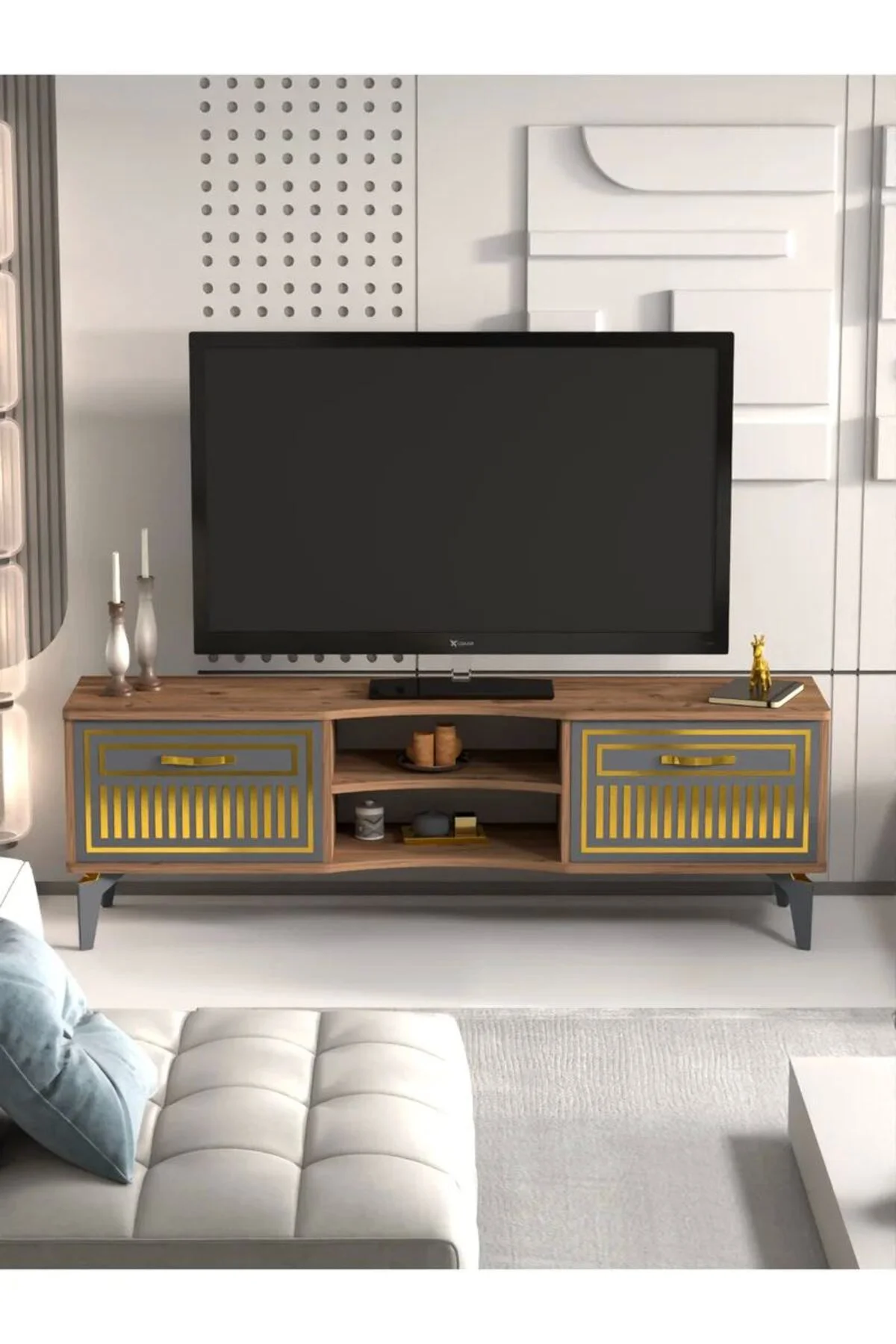 Tv Sehpası Tv Ünitesi Vera Atlantik Çam Antrasit Gold Çizgili 505