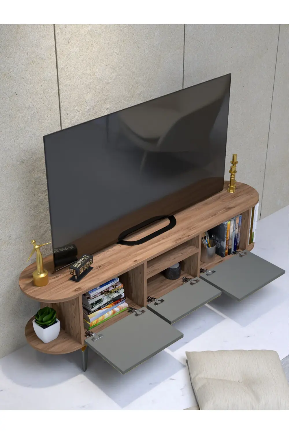 Tv Sehpası Tv Ünitesi Kapaklı Raflı Setro Beyaz