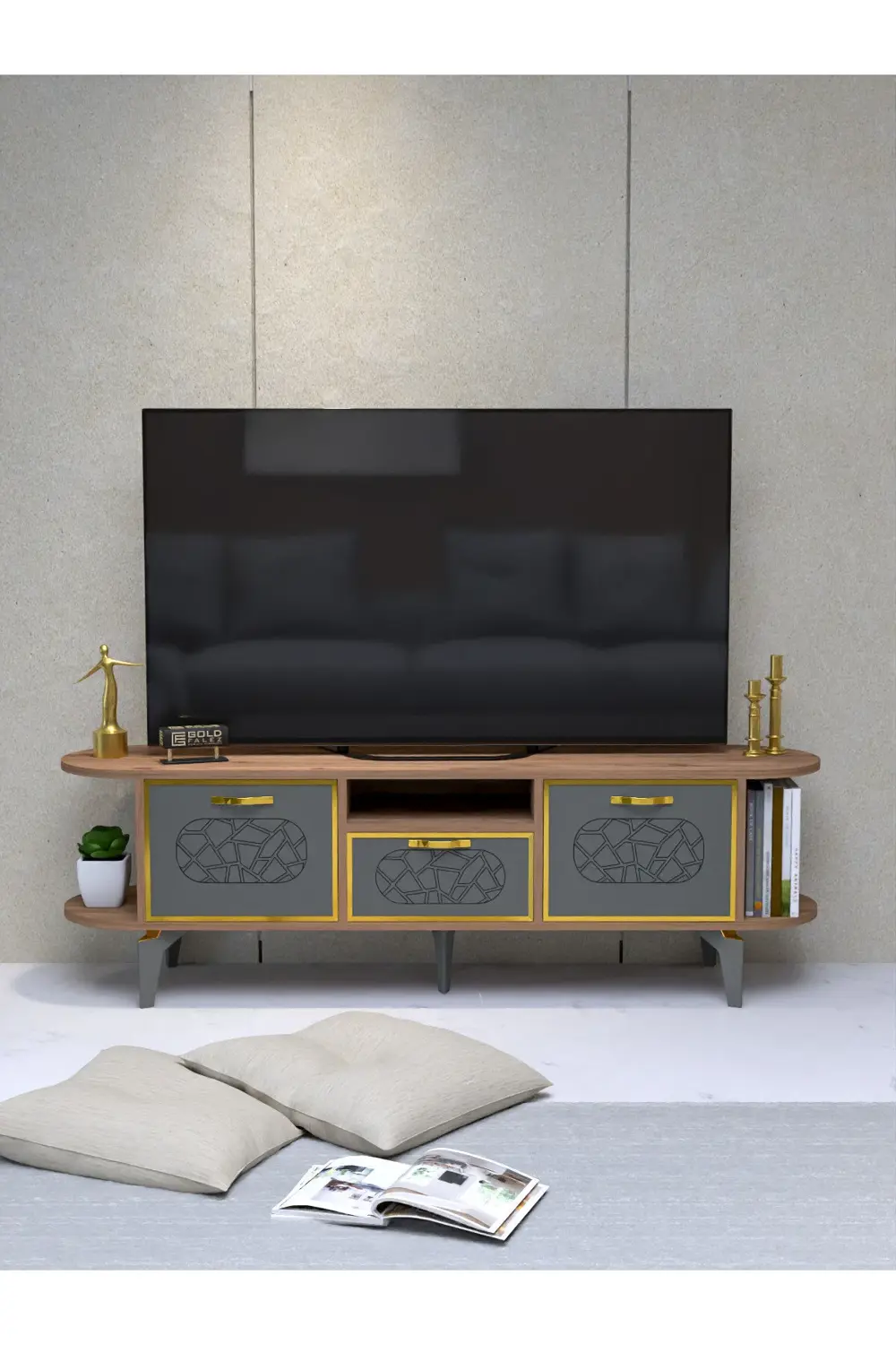 Tv Sehpası Tv Ünitesi Kapaklı Raflı Setro Beyaz