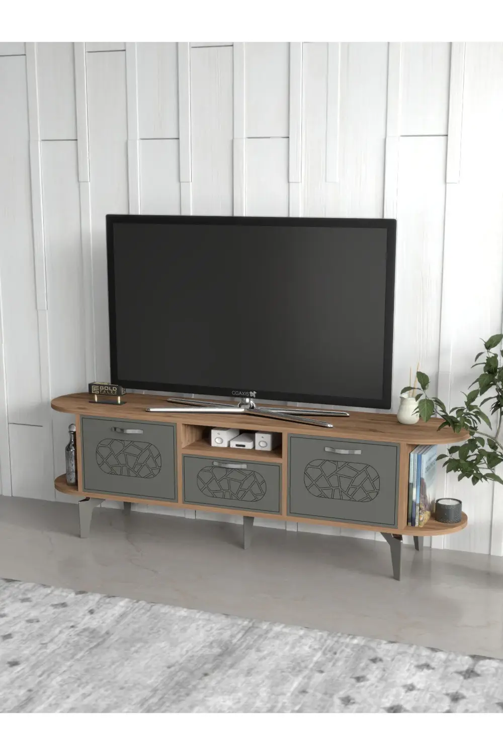 Tv Sehpası Tv Ünitesi Kapaklı Raflı Setro Traverten