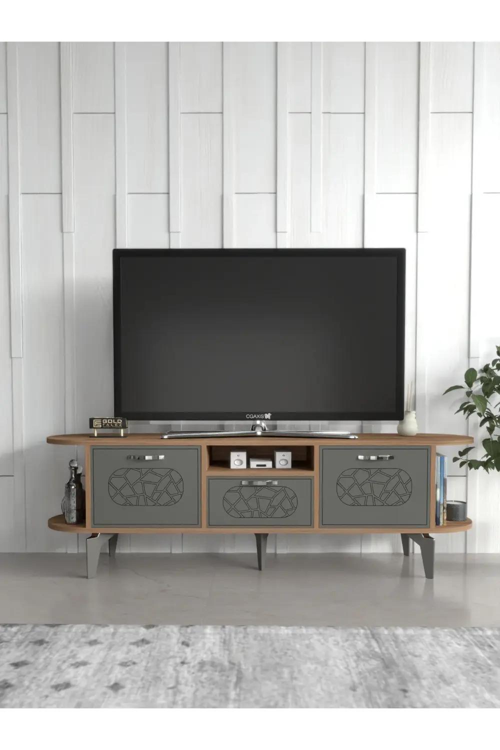 Tv Sehpası Tv Ünitesi Kapaklı Raflı Setro Traverten