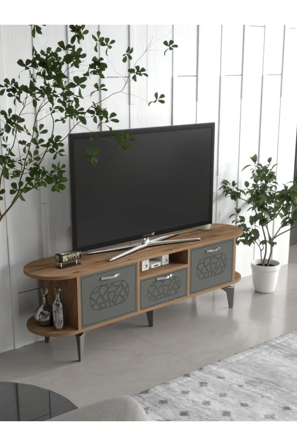 Tv Sehpası Tv Ünitesi Kapaklı Raflı Setro Traverten