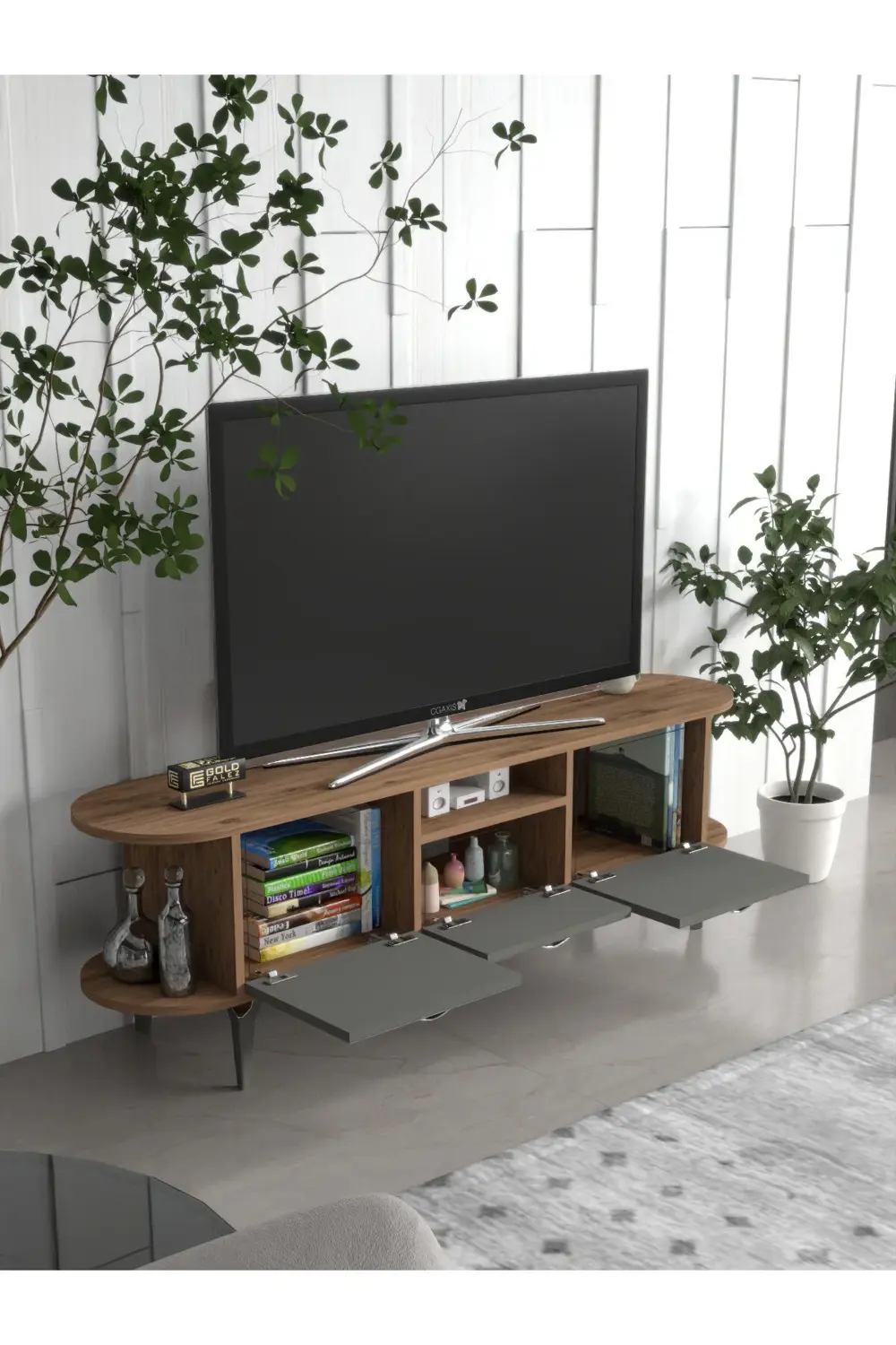 Tv Sehpası Tv Ünitesi Kapaklı Raflı Setro Traverten