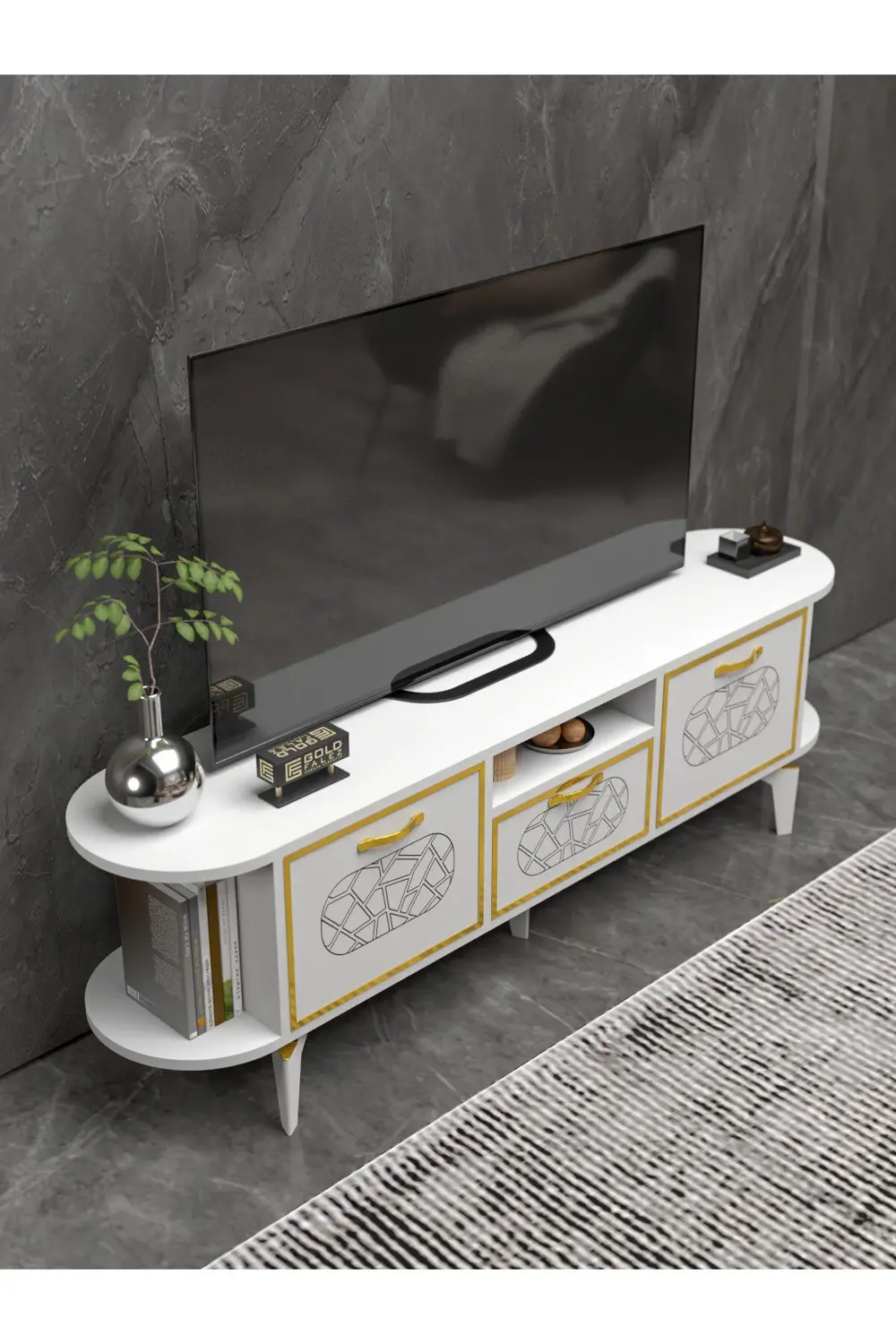 Tv Sehpası Tv Ünitesi Raflı 140 Cm Gzd Beyaz