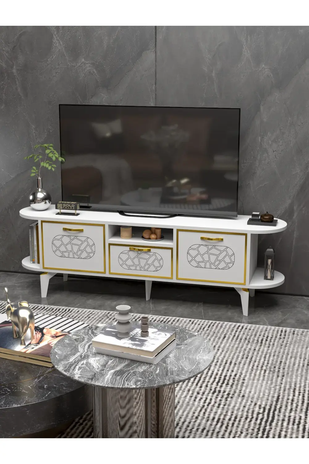 Tv Sehpası Tv Ünitesi Raflı 140 Cm Gzd Beyaz