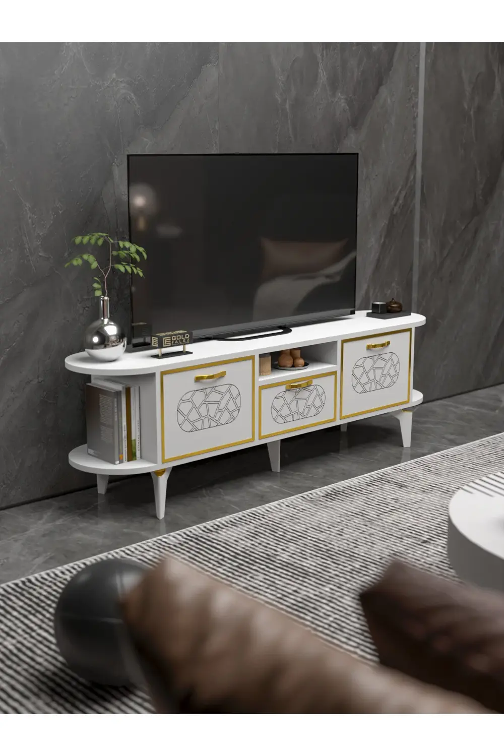 Tv Sehpası Tv Ünitesi Raflı 140 Cm Gzd Beyaz