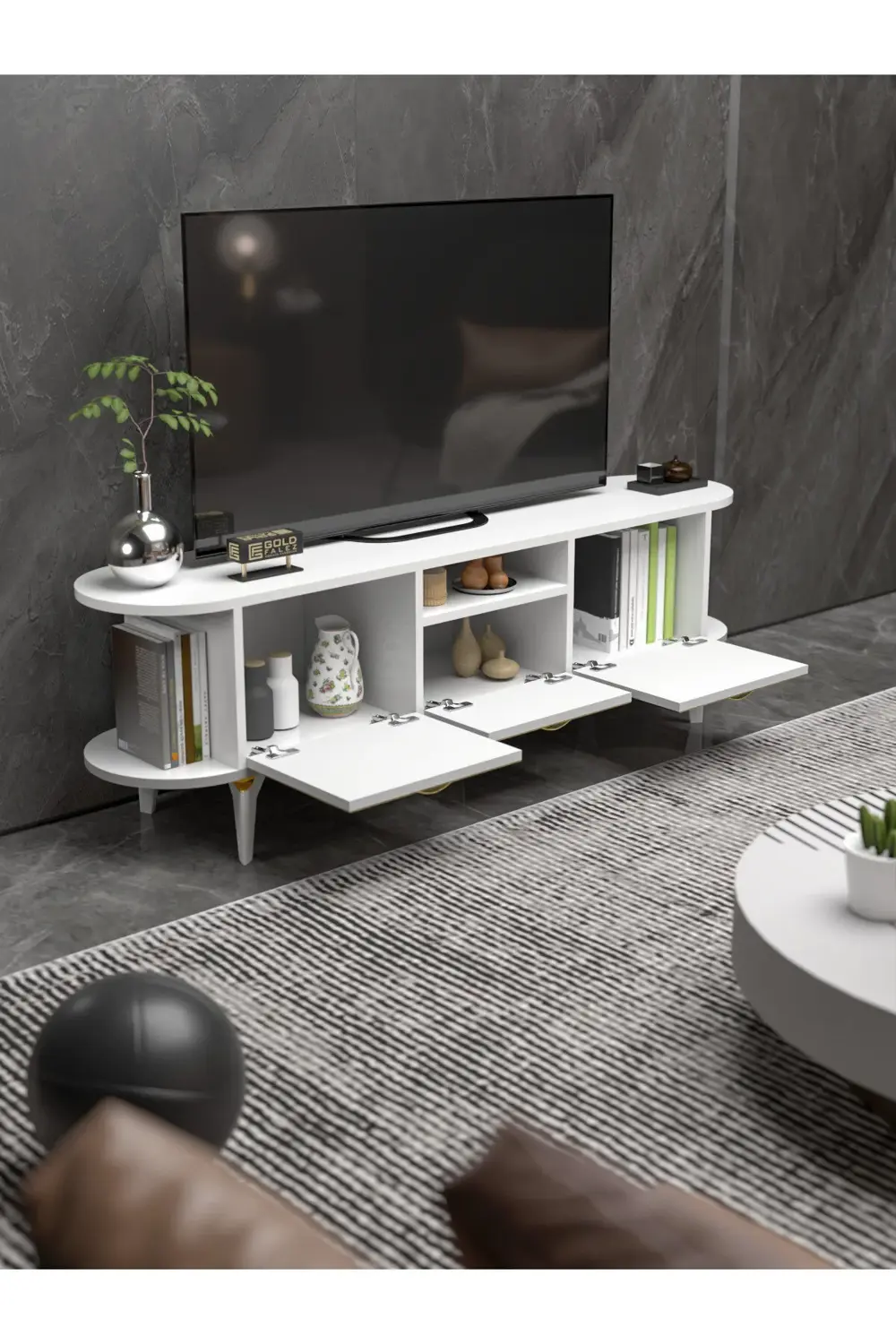 Tv Sehpası Tv Ünitesi Raflı 140 Cm Gzd Beyaz