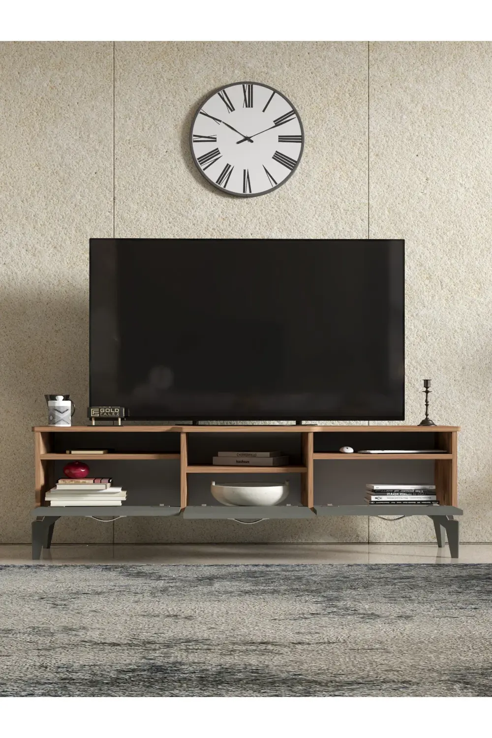 Tv Sehpası Tv Ünitesi Saraylı Beyaz Gold 5062