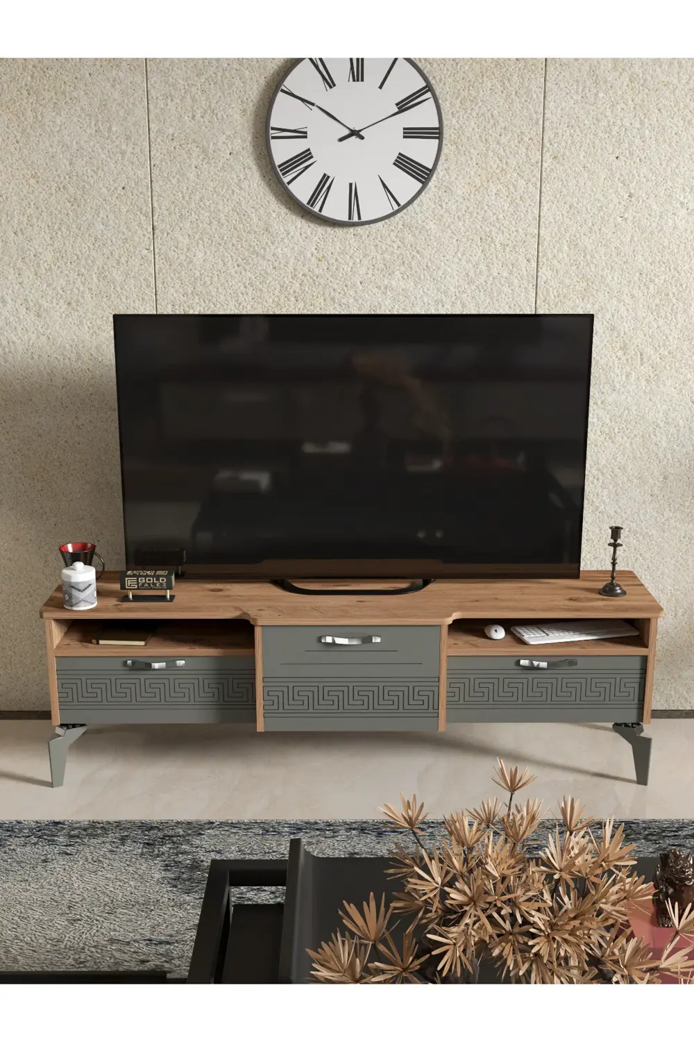 Tv Sehpası Tv Ünitesi Saraylı Beyaz Gold 5062