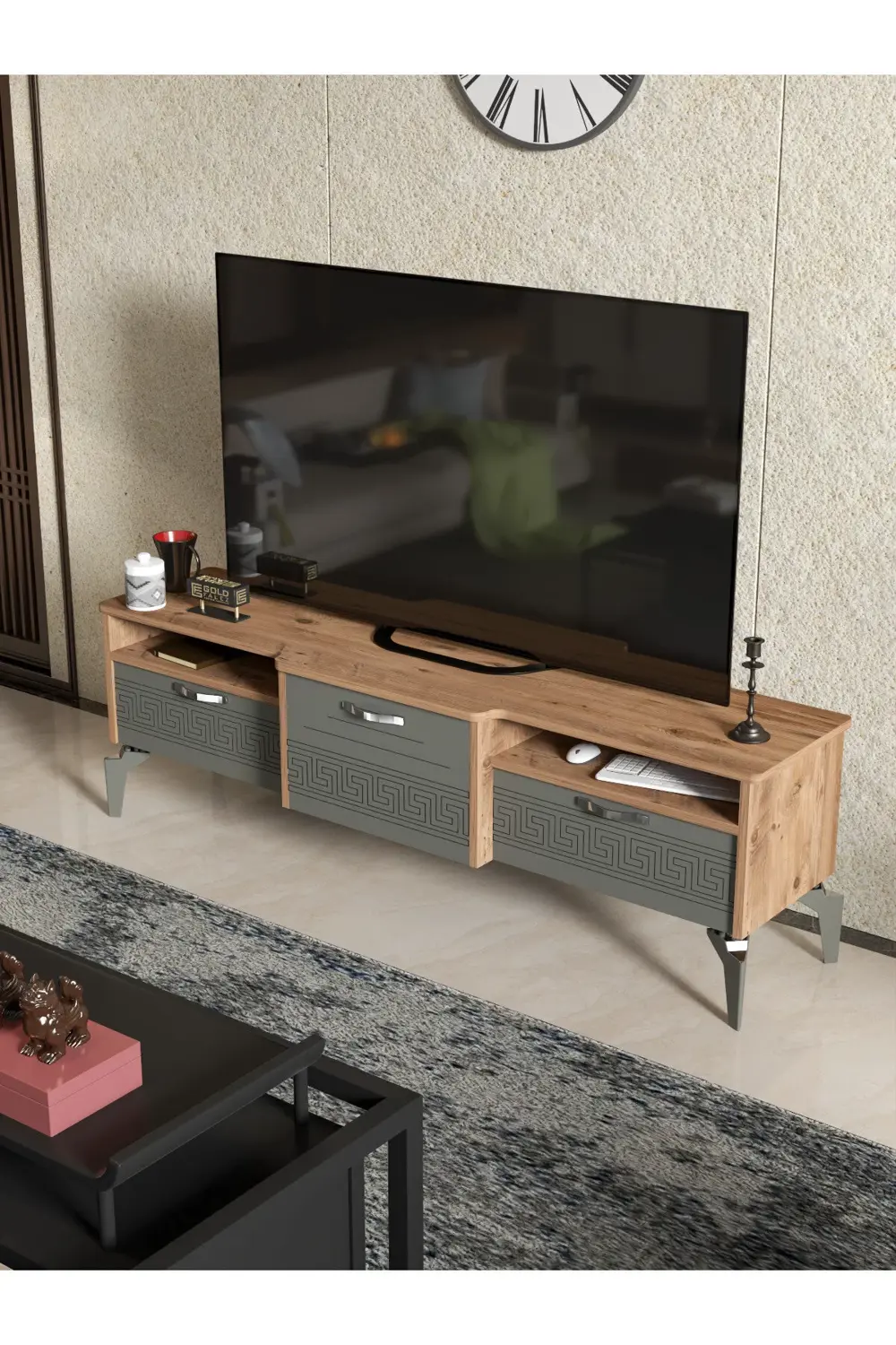 Tv Sehpası Tv Ünitesi Saraylı Beyaz Gold 5062