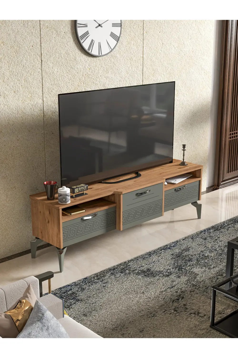 Tv Sehpası Tv Ünitesi Saraylı Beyaz Gold 5062