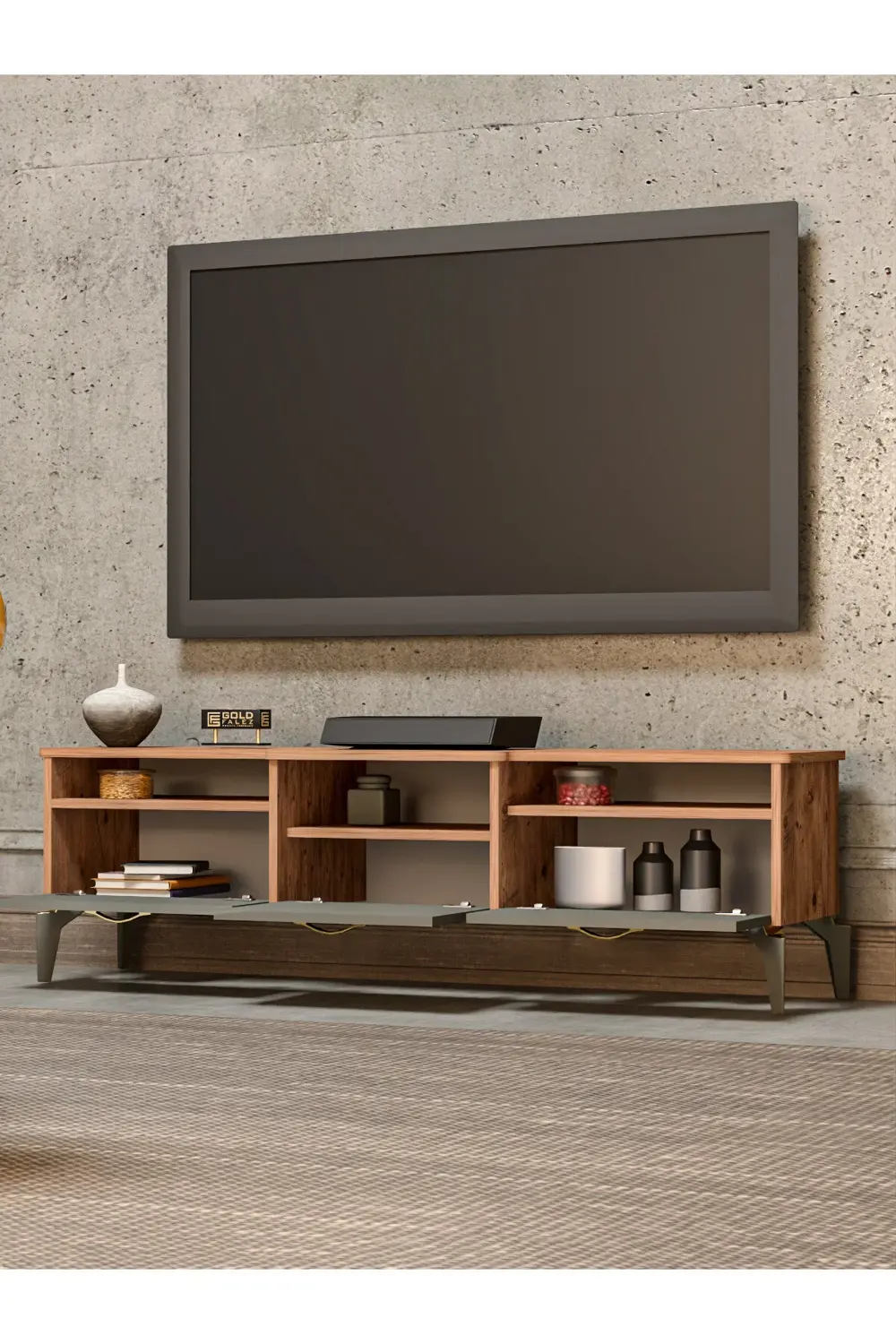 Tv Sehpası Tv Ünitesi Vera Atlantik Çam Antrasit Çizgili 5051