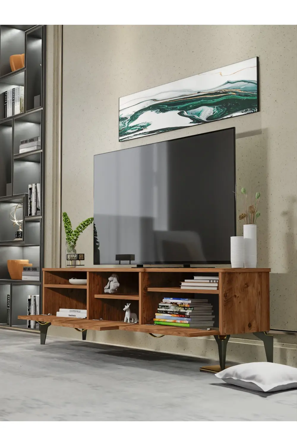 Tv Sehpası Tv Ünitesi Vera Atlantik Çam Antrasit Çizgili 5051