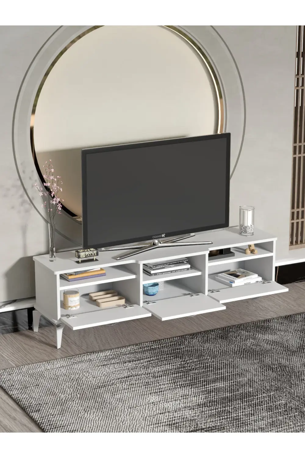 Tv Sehpası Tv Ünitesi Vera Beyaz Çizgili 5053