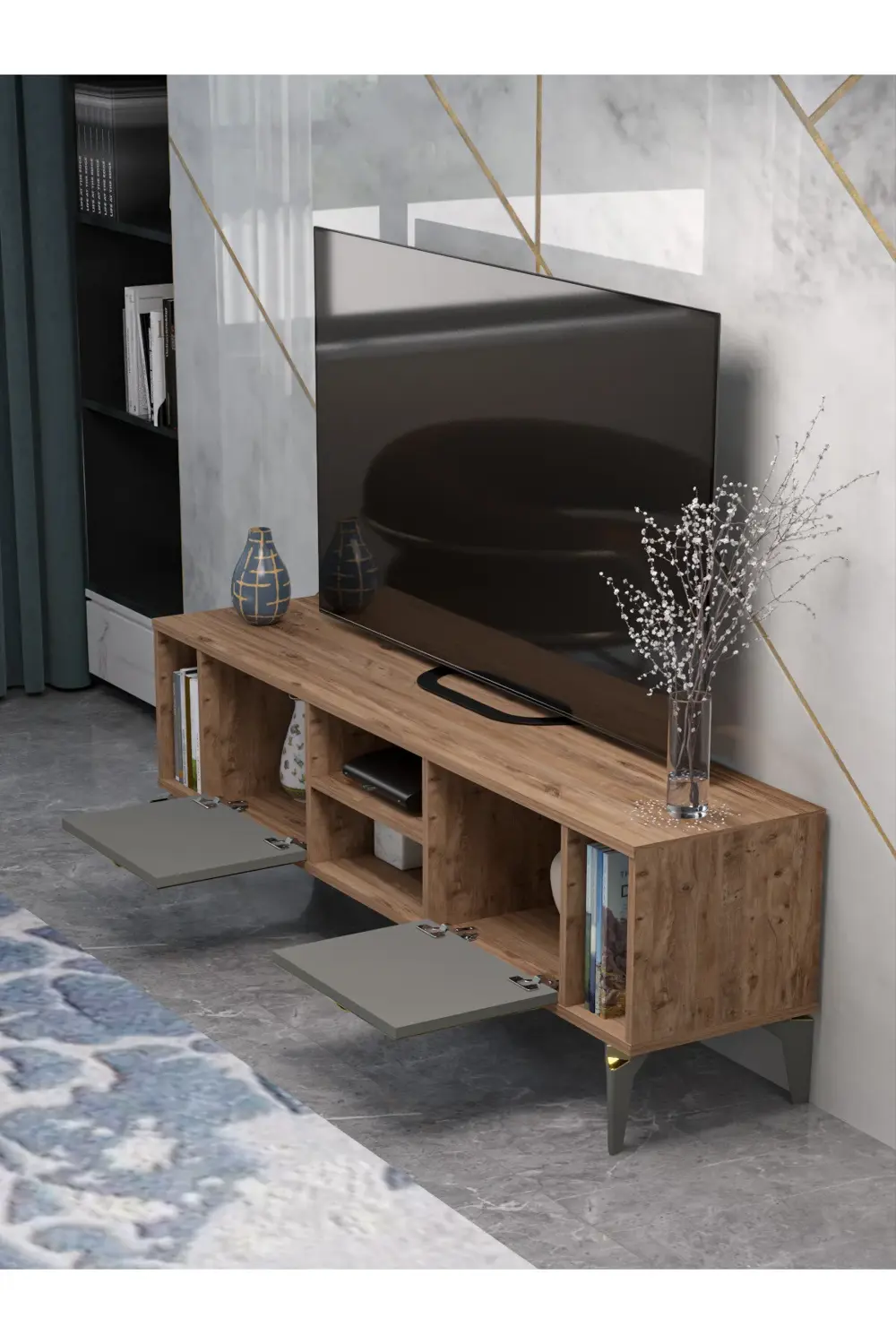 Tv Sehpası Tv Ünitesi Vera Beyaz Gold Çizgili 5052