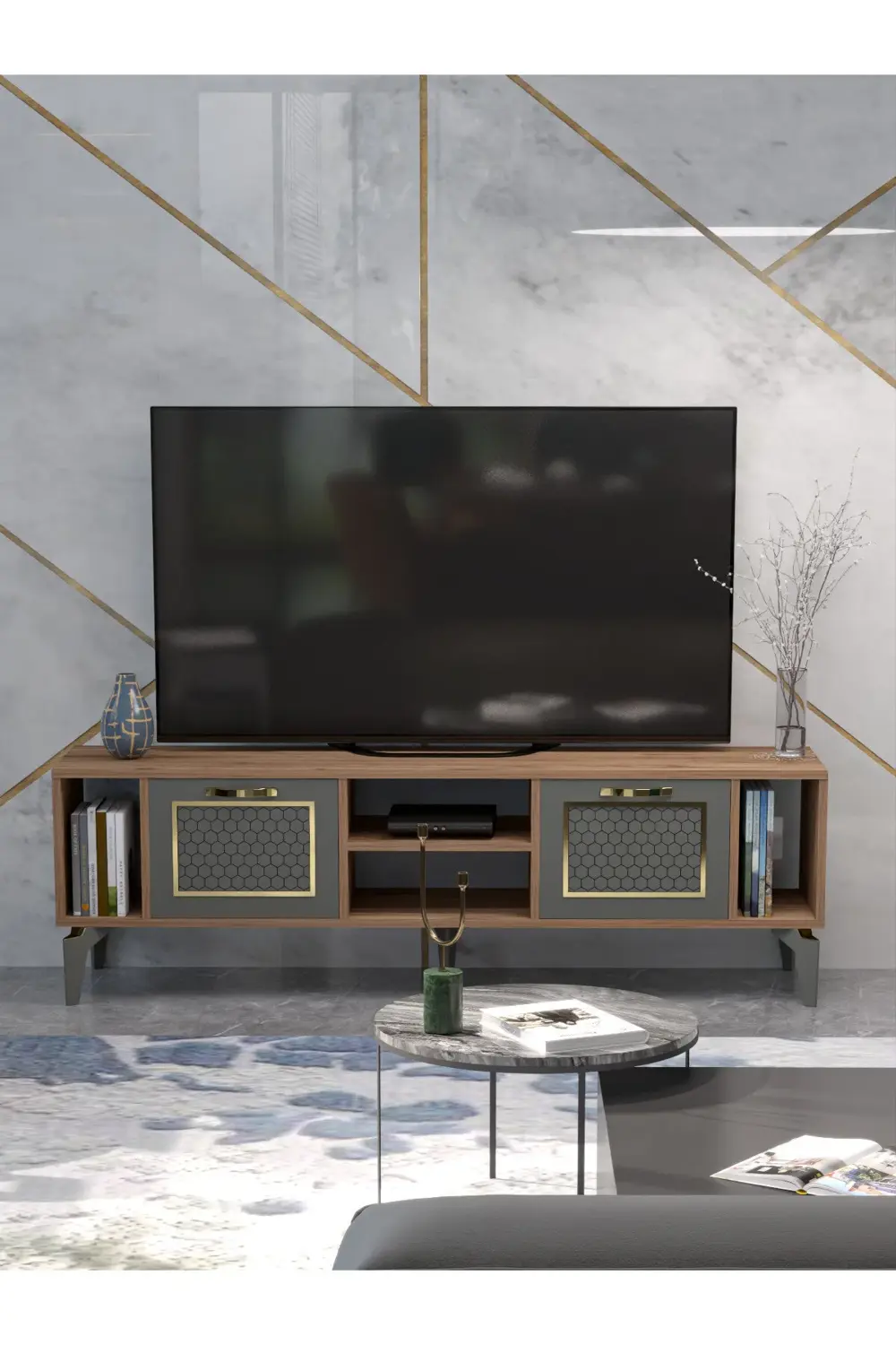 Tv Sehpası Tv Ünitesi Vera Beyaz Gold Çizgili 5052