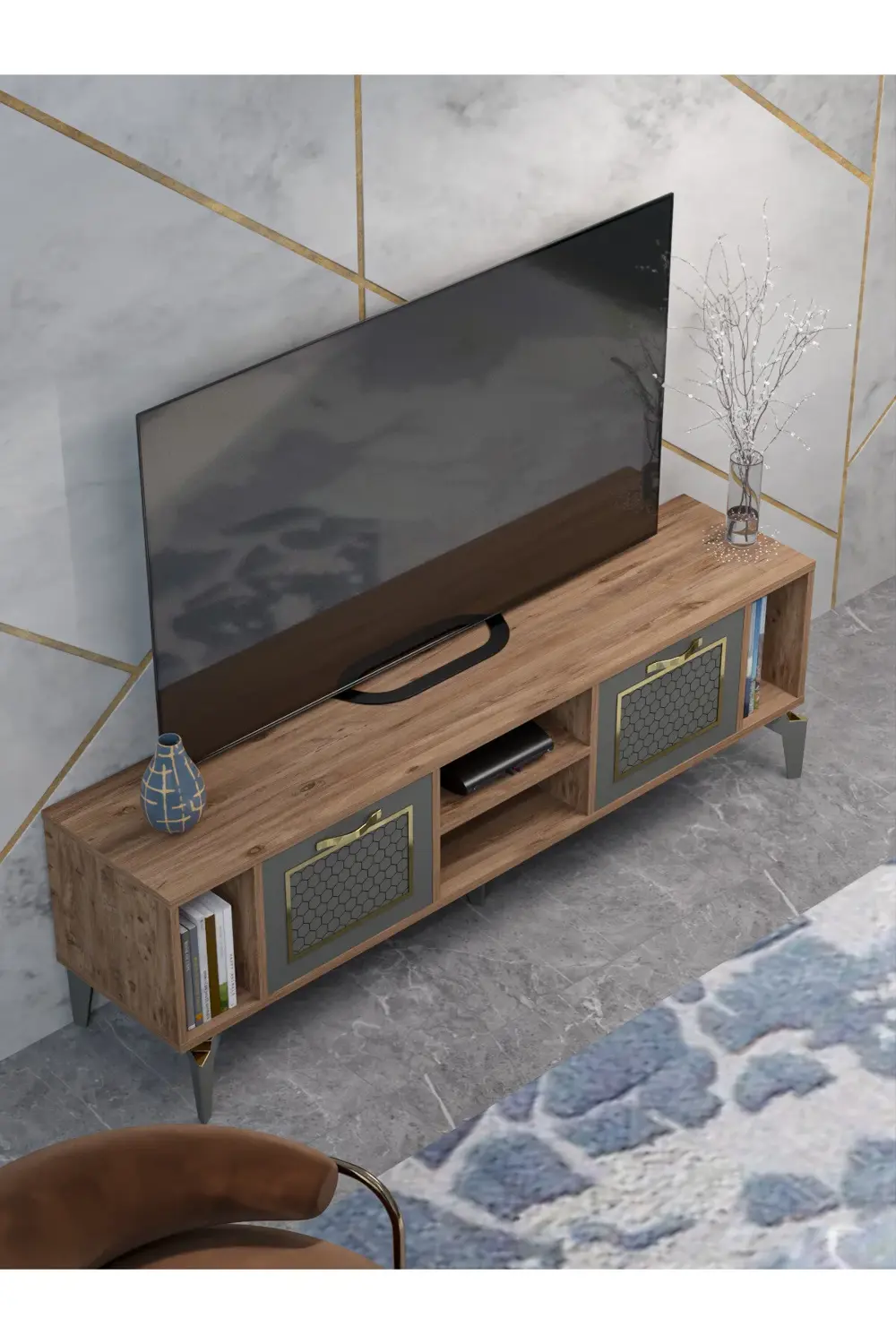 Tv Sehpası Tv Ünitesi Vera Beyaz Gold Çizgili 5052