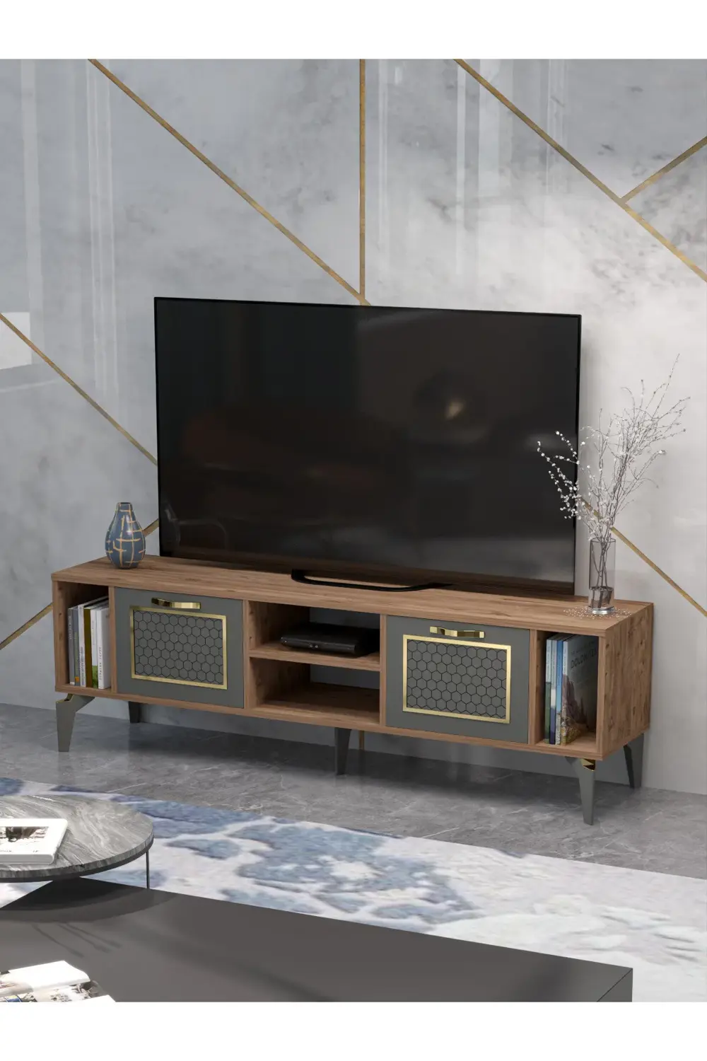 Tv Sehpası Tv Ünitesi Vera Beyaz Gold Çizgili 5052