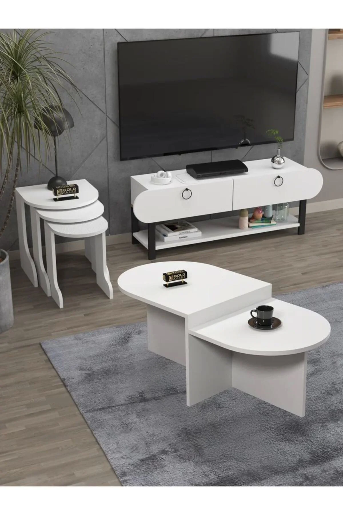 Tv Sehpası Ünitesi Tekli Orta Sehpa 3'Lü Zigon Sehpa Set Üç Ürün 