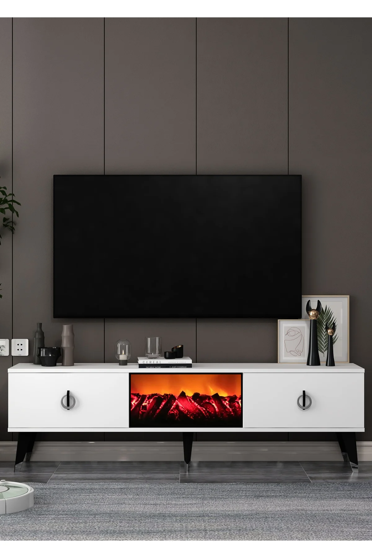 TV0058-0058-TXA150-32 ŞÖMİNELİ TV SEHPASI BEYAZ-SİYAH-GÜMÜŞ