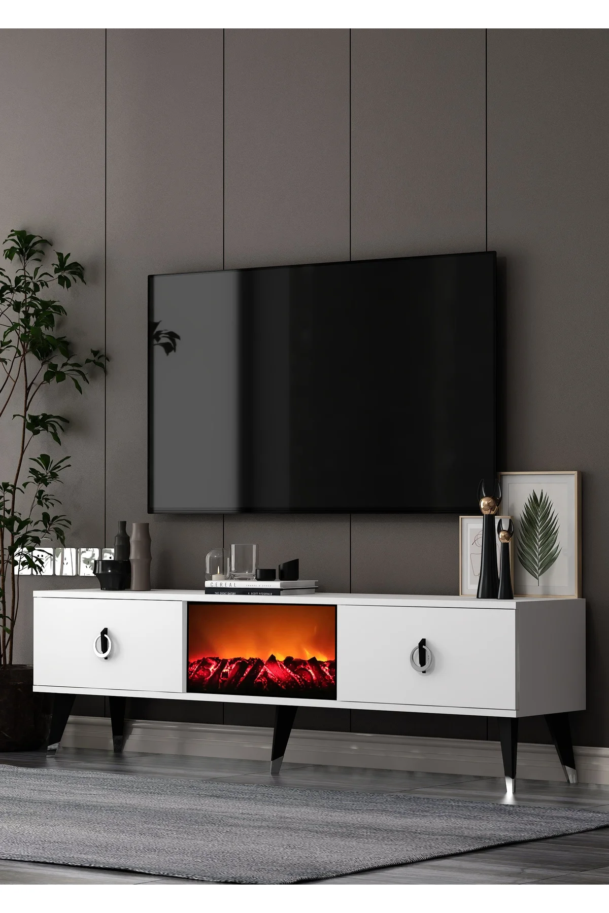 TV0058-0058-TXA150-32 ŞÖMİNELİ TV SEHPASI BEYAZ-SİYAH-GÜMÜŞ