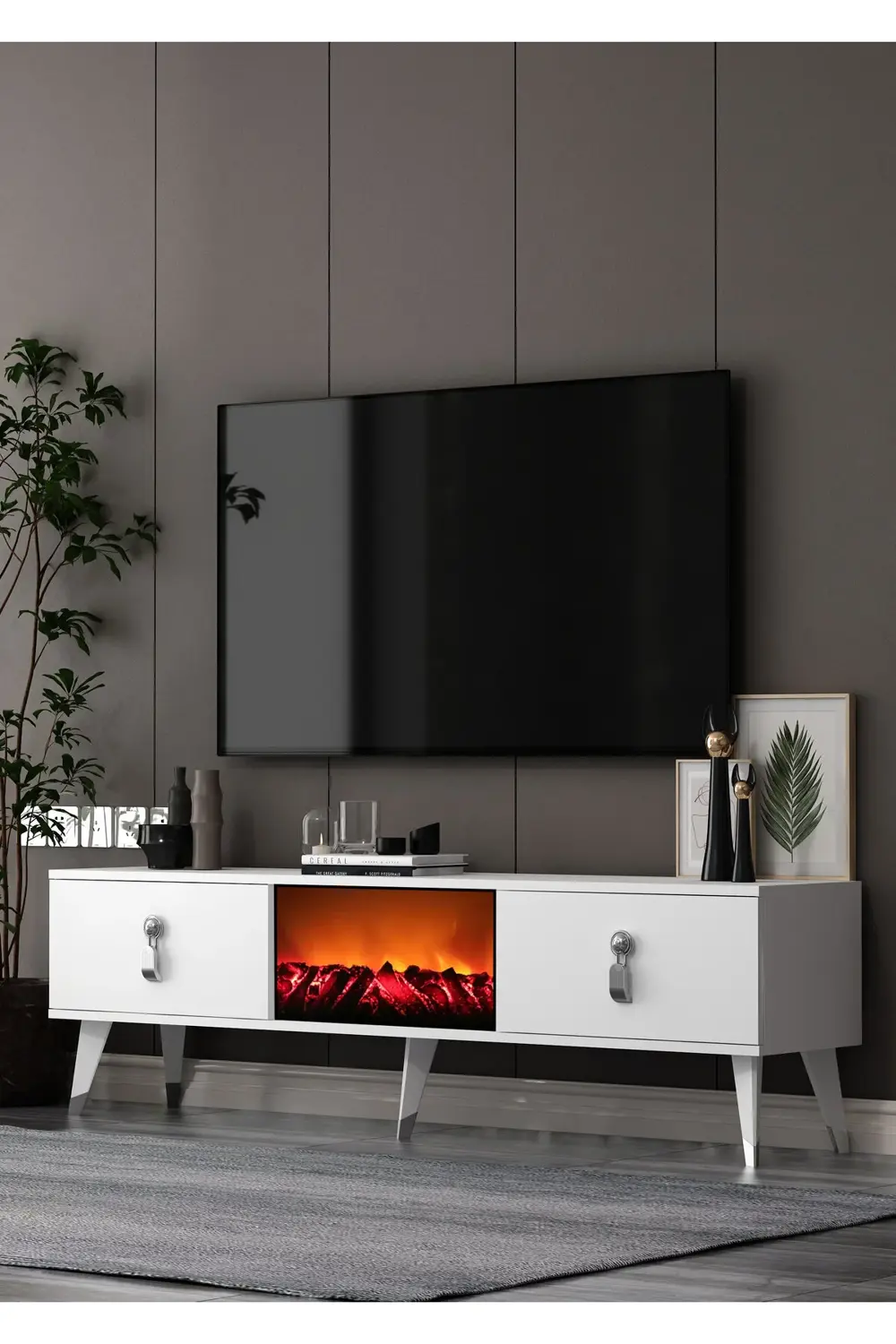 TV0060-0060-TXA150-64 ŞÖMİNELİ TV SEHPASI BEYAZ-GÜMÜŞ