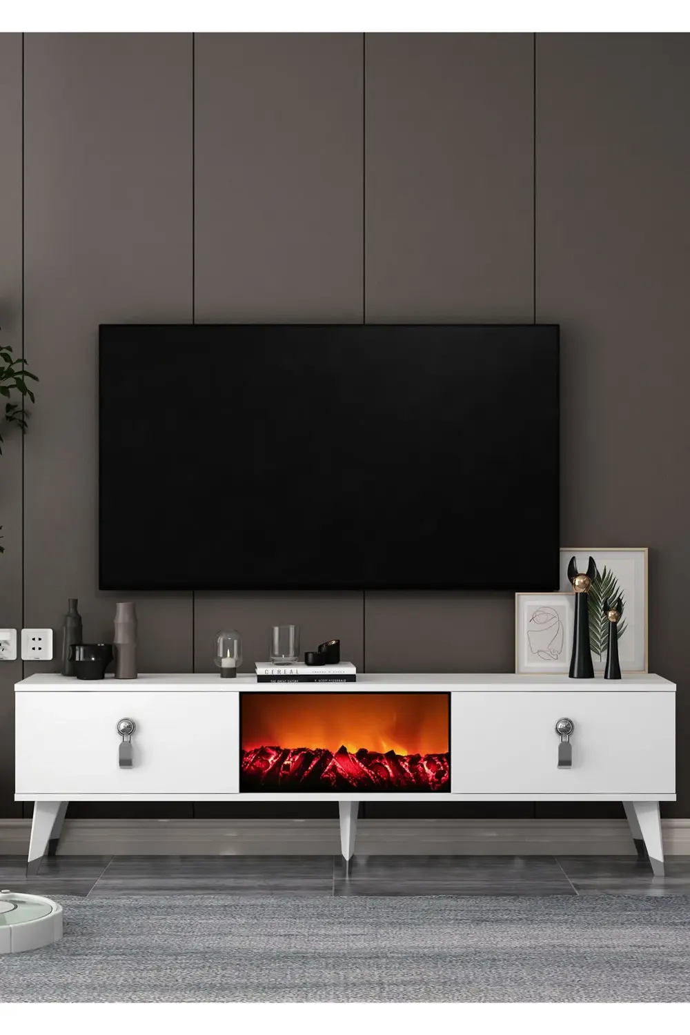 TV0060-0060-TXA150-64 ŞÖMİNELİ TV SEHPASI BEYAZ-GÜMÜŞ