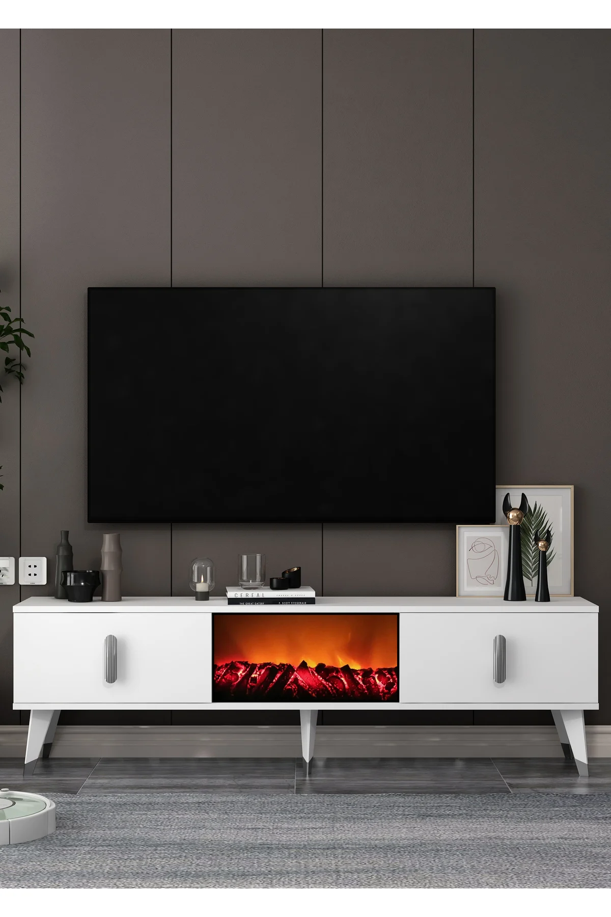 TV0061-0061-TXA150-64 ŞÖMİNELİ TV SEHPASI BEYAZ-GÜMÜŞ