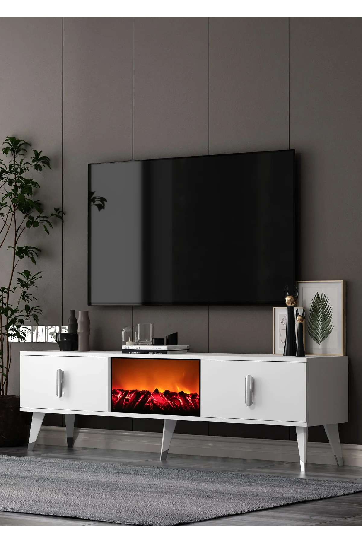 TV0061-0061-TXA150-64 ŞÖMİNELİ TV SEHPASI BEYAZ-GÜMÜŞ