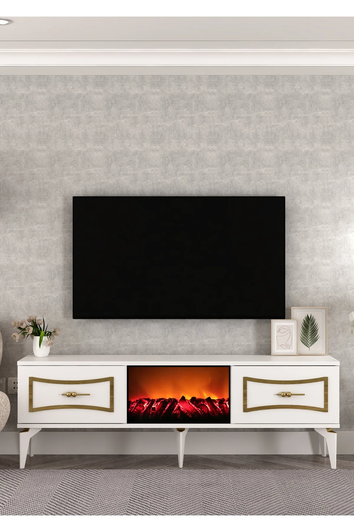 TV0064-0064-TXA150-32 ŞÖMİNELİ TV SEHPASI BEYAZ-ALTIN