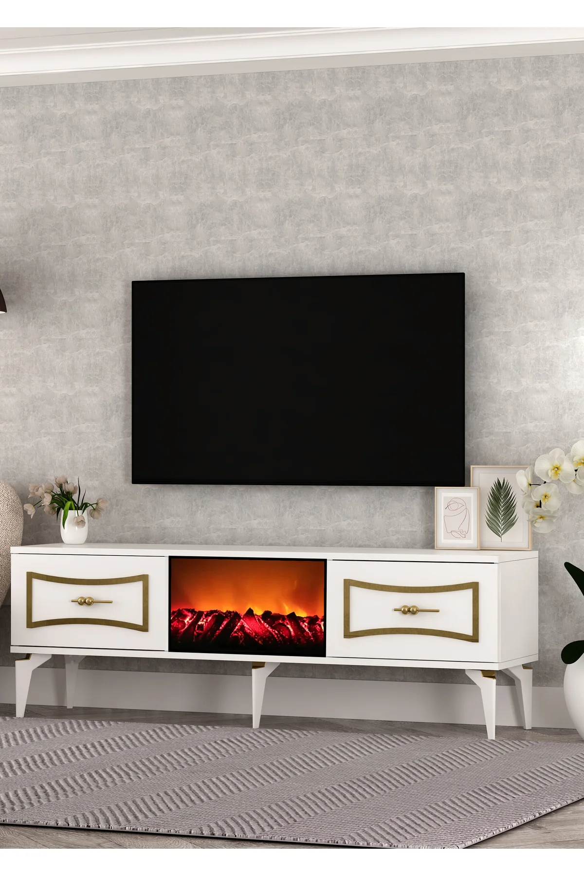 TV0064-0064-TXA150-32 ŞÖMİNELİ TV SEHPASI BEYAZ-ALTIN