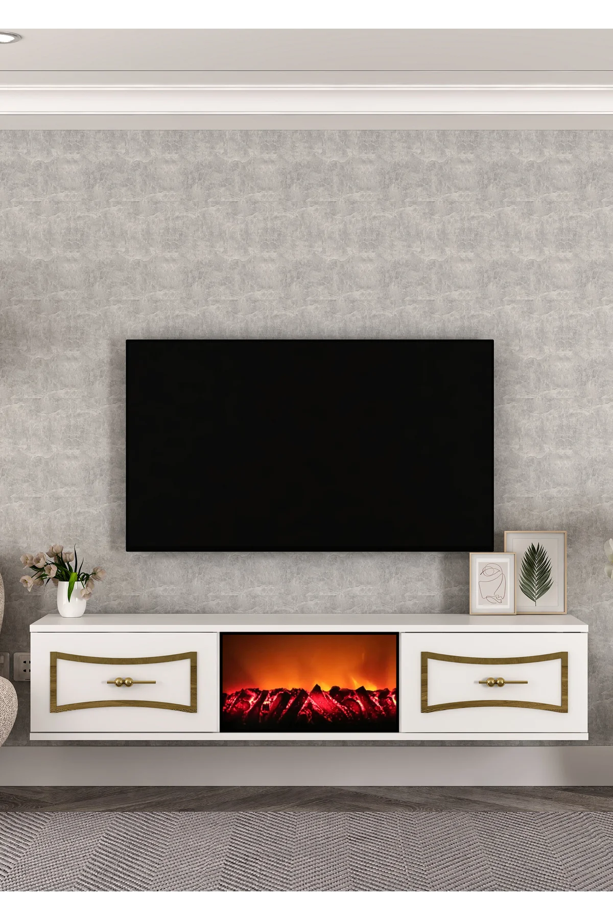 TV0065-0065-TXA150-32 ŞÖMİNELİ DUVARA MONTAJ TV SEHPASI BEYAZ-ALT