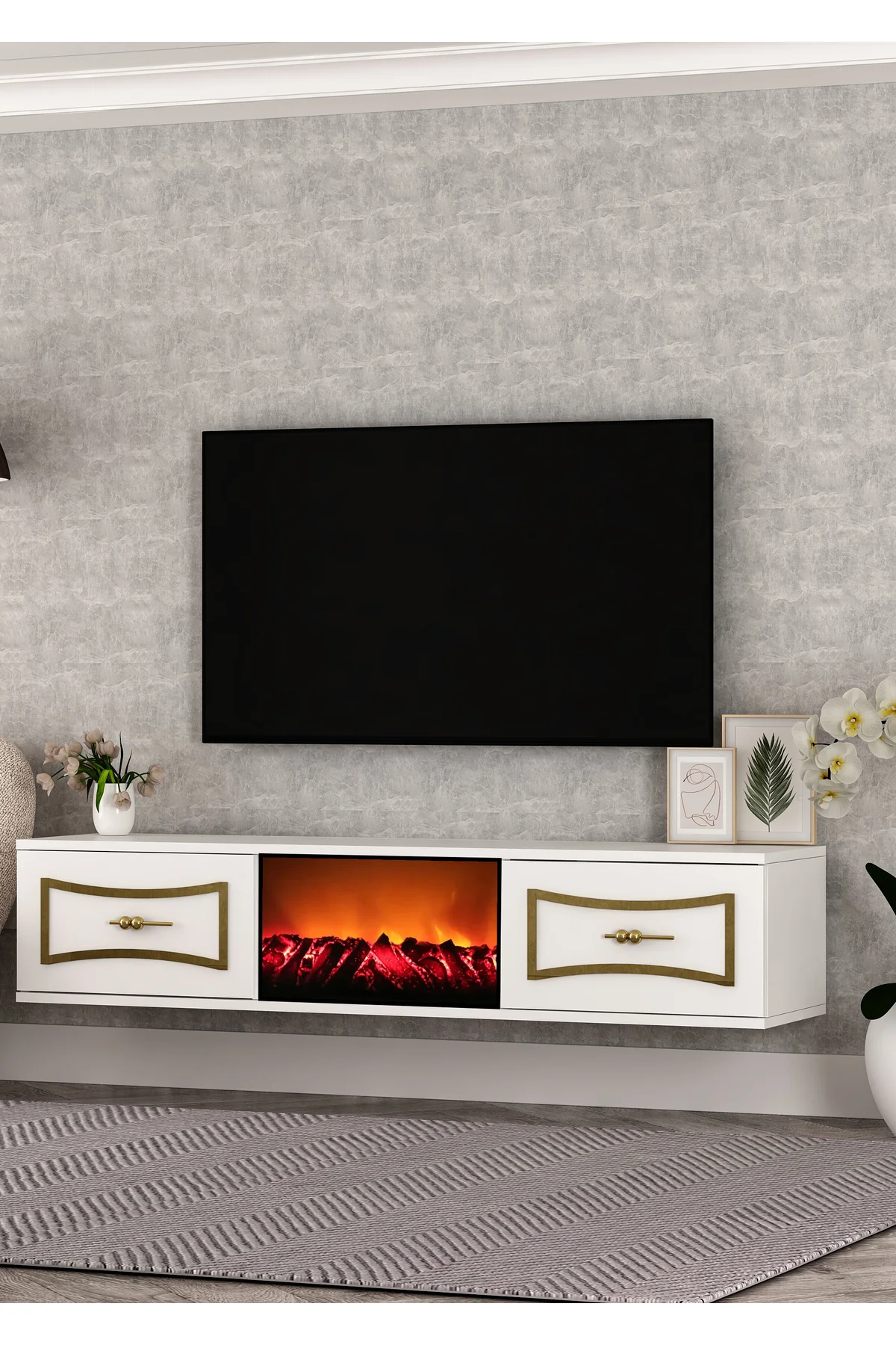 TV0065-0065-TXA150-32 ŞÖMİNELİ DUVARA MONTAJ TV SEHPASI BEYAZ-ALT